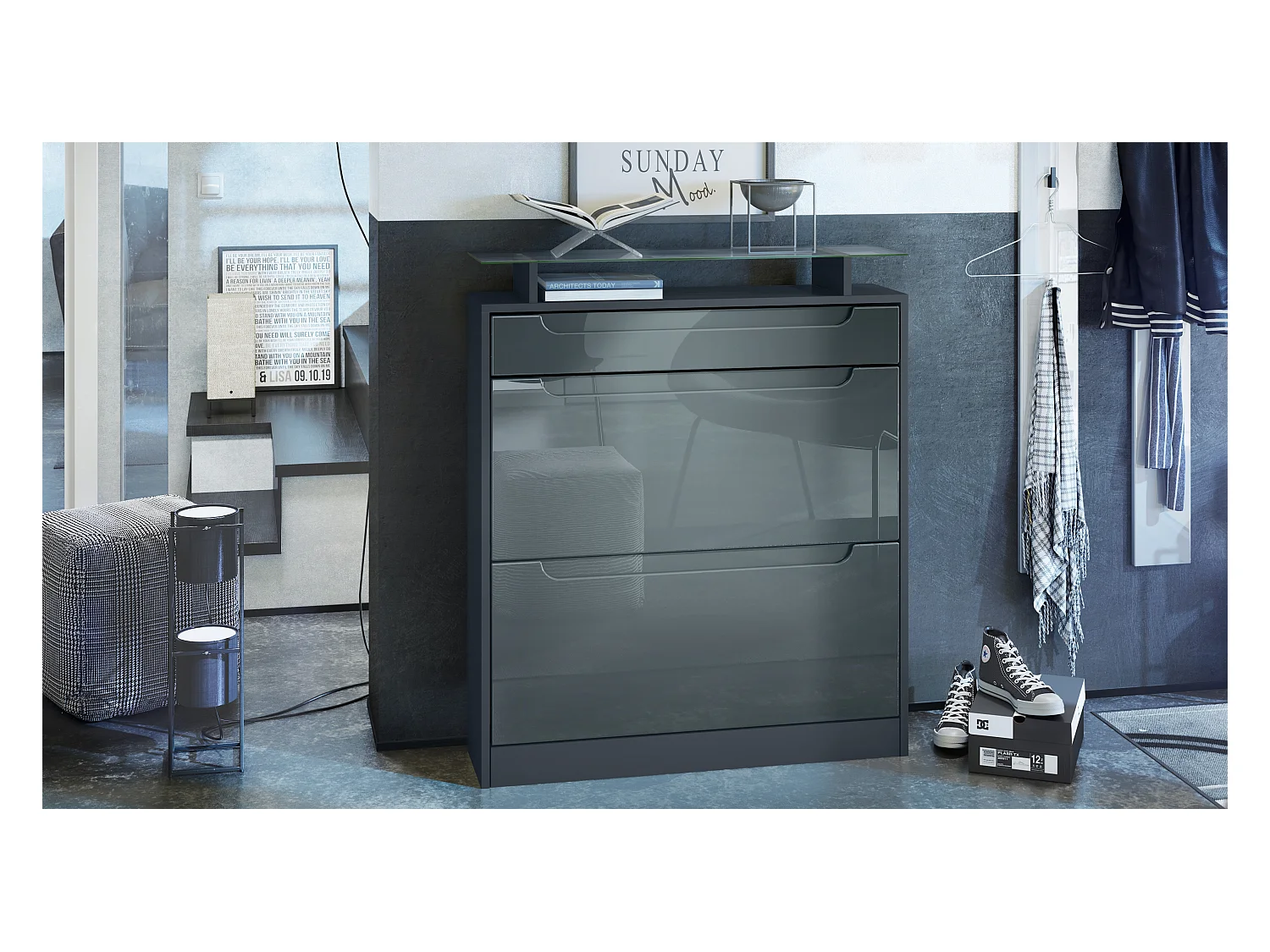 Meuble chaussure Fiesta pour 16 paires de chaussures avec clapets et tablette en verre, Anthracite mat/Gris brillant, poignées Gris brillant (89x104x23 cm)