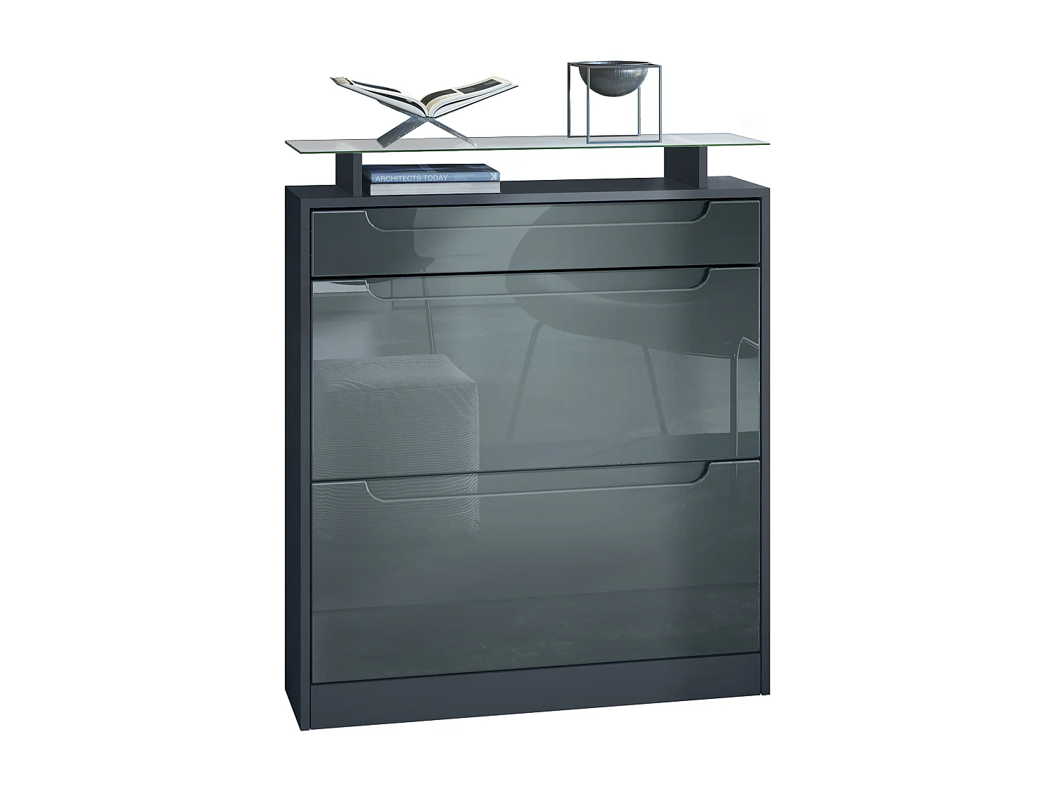 Scarpiera  Fiesta per 16 paia di scarpe con 2 ante a ribalta e ripiano in vetro, antracite/ grigio lucido, maniglie incassate in grigio lucido (89 x 104 x 23 cm)