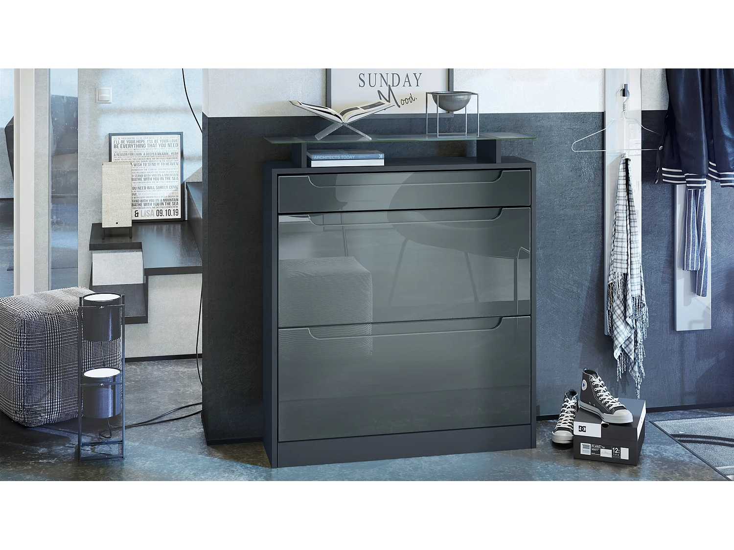 Scarpiera  Fiesta per 16 paia di scarpe con 2 ante a ribalta e ripiano in vetro, antracite/ grigio lucido, maniglie incassate in grigio lucido (89 x 104 x 23 cm)