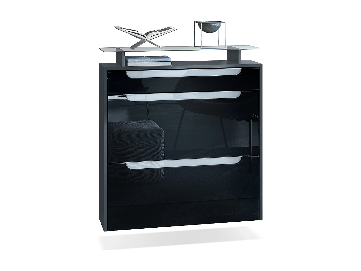 SCHUHSCHRANK Annie Fronten in Schwarz Hochglanz, Griffmulden in Weiß Hochglanz