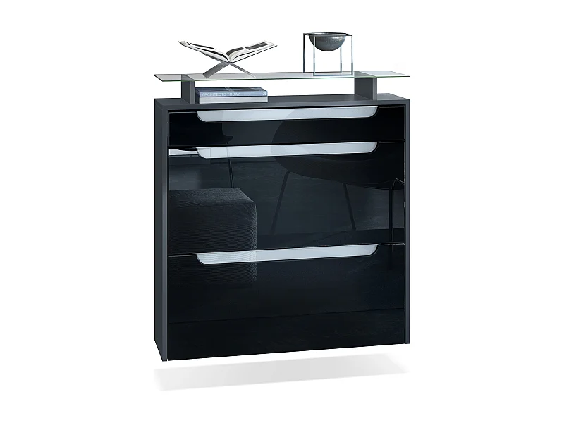 SCHUHSCHRANK Annie Fronten in Schwarz Hochglanz, Griffmulden in Weiß Hochglanz