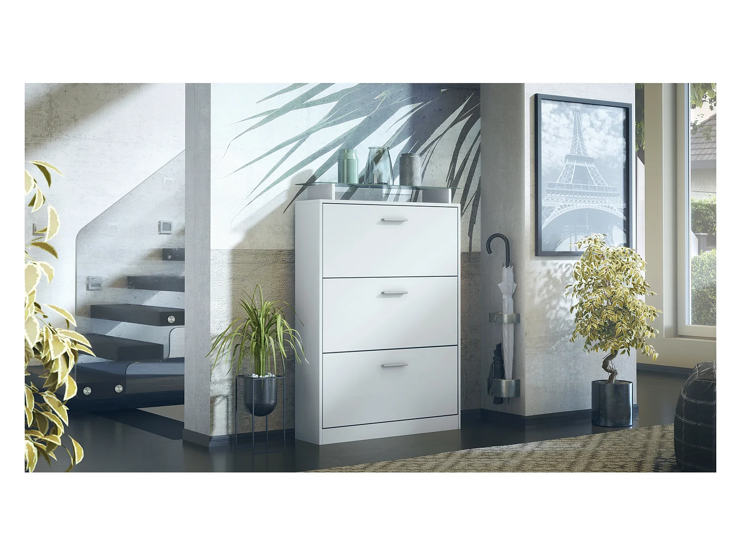 Meuble à chaussures Lavia, basculant pour 24 paires de chaussures avec 3 clapets et étagère en verre, Blanc mat/Blanc mat (89 x 128 x 23 cm)