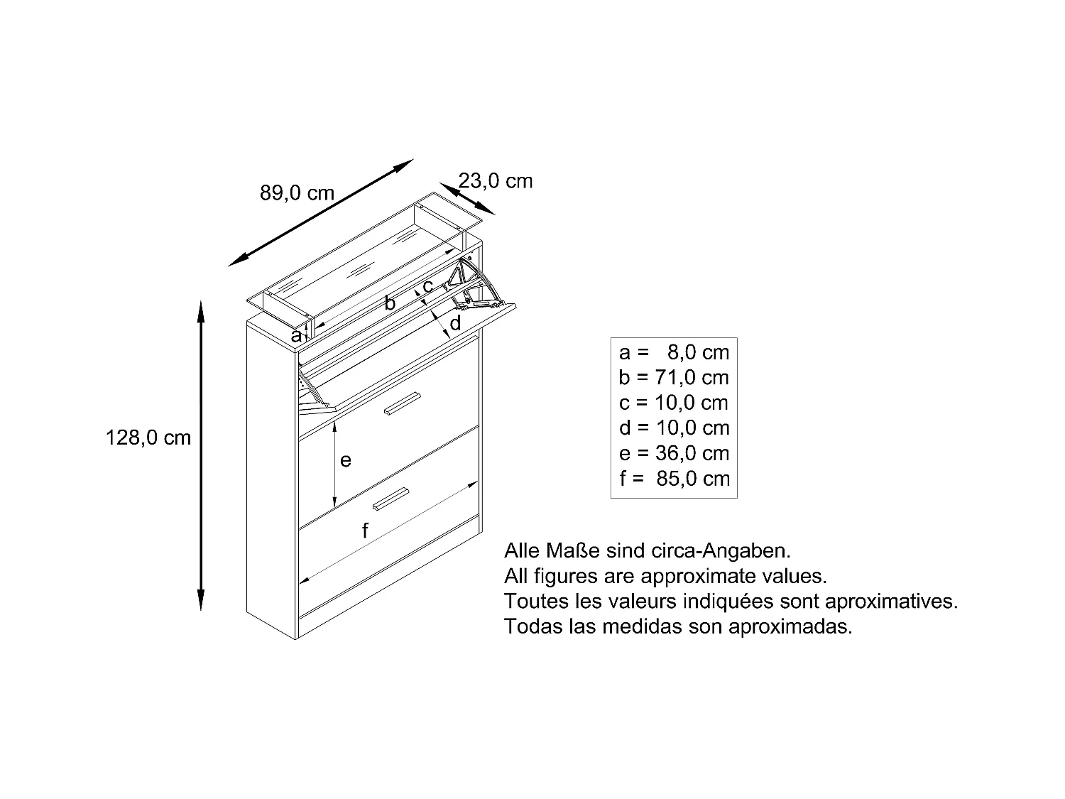 Meuble à chaussures Lavia, basculant pour 24 paires de chaussures avec 3 clapets et étagère en verre, Blanc mat/Blanc mat (89 x 128 x 23 cm)