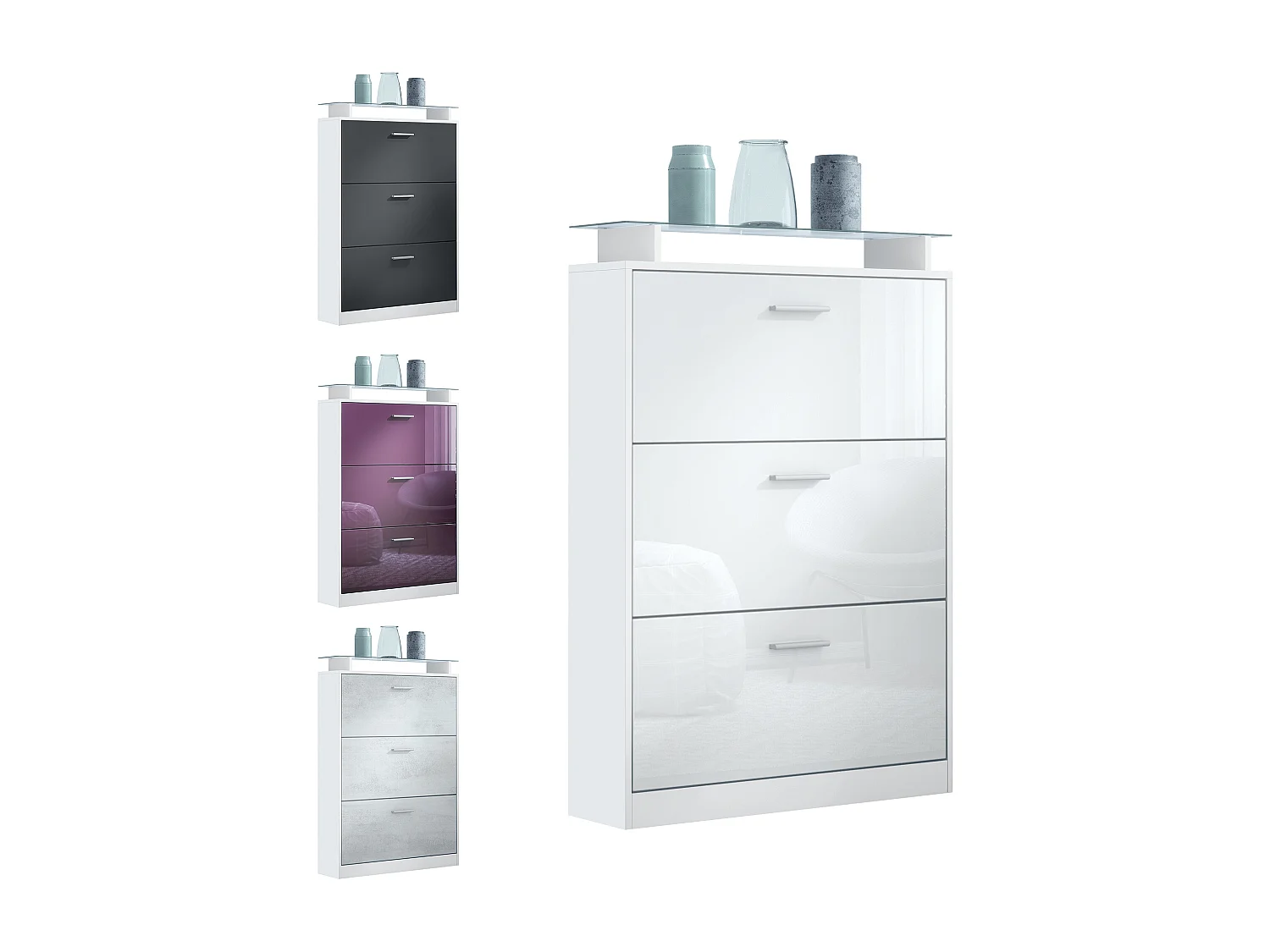 Meuble à chaussures Lavia, basculant pour 24 paires de chaussures avec 3 clapets et étagère en verre, Blanc mat/Blanc mat (89 x 128 x 23 cm)