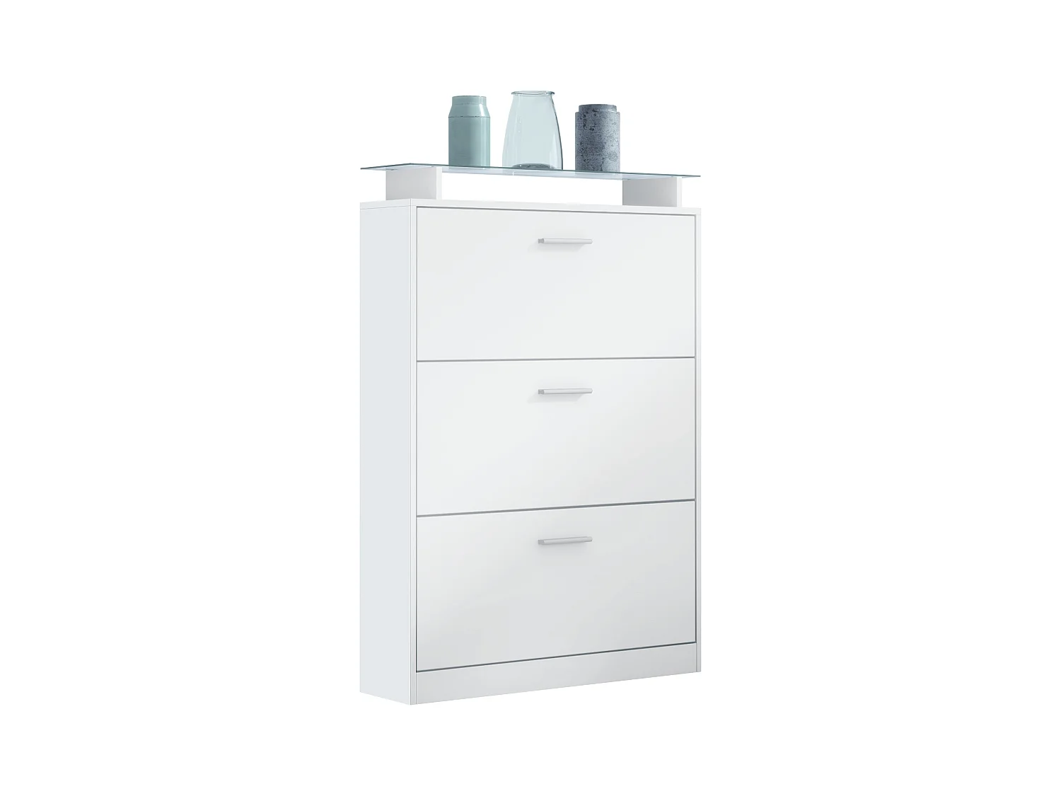 Meuble à chaussures Lavia, basculant pour 24 paires de chaussures avec 3 clapets et étagère en verre, Blanc mat/Blanc mat (89 x 128 x 23 cm)