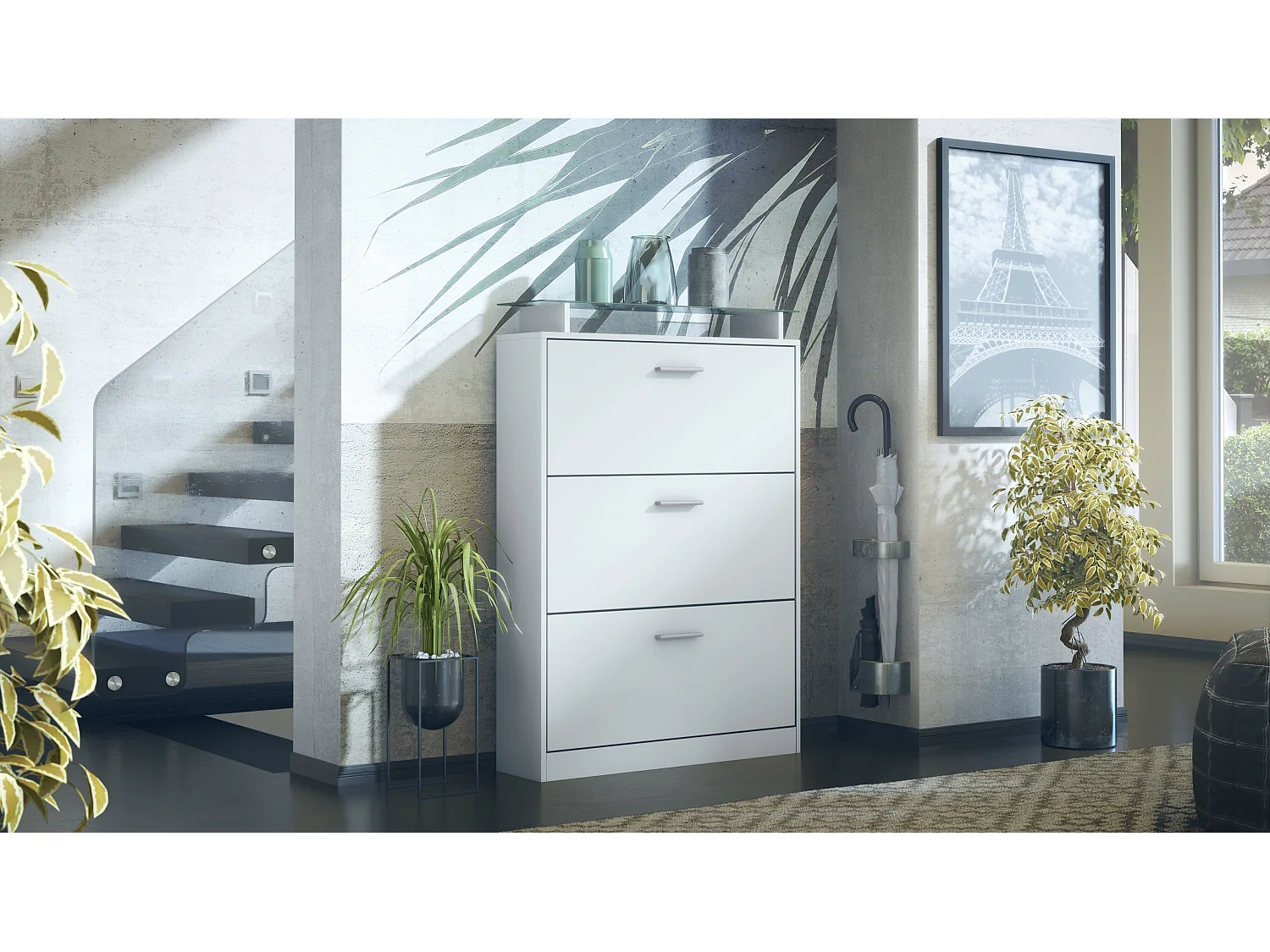 Scarpiera Lavia, mobile per 24 paia di scarpe con 3 ante a ribalta e un ripiano in vetro, bianco opaco/bianco opaco (89 x 128 x 23 cm)