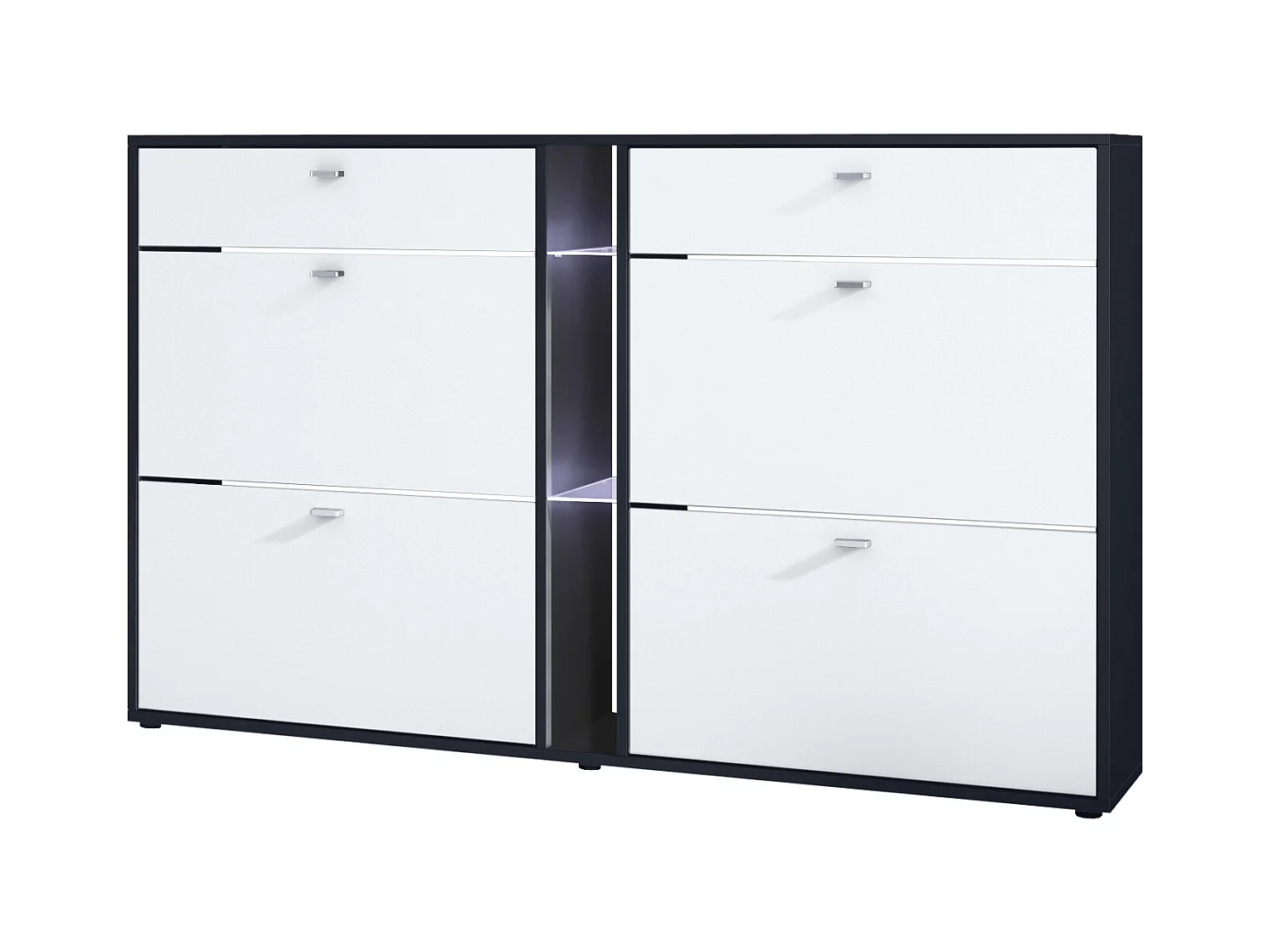 Meuble à chaussures à bascule Today 155,5 x 95 x 28 cm, avec un éclairage LED blanc, corps en Noir mat, façades en blanc mat