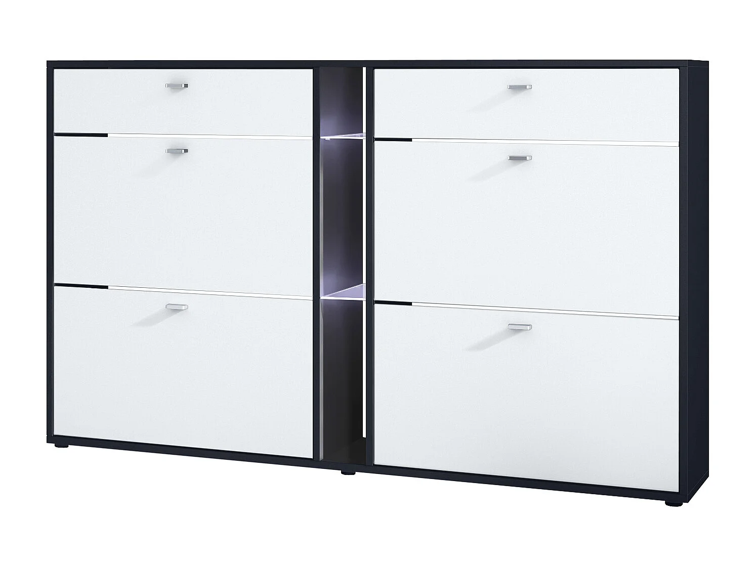 Scarpiera Today con 4 ante e 2 cassetti 155,5 x 95 x 28 cm, con illuminazione LED bianca, struttura in nero opaco, frontali in bianco opaco