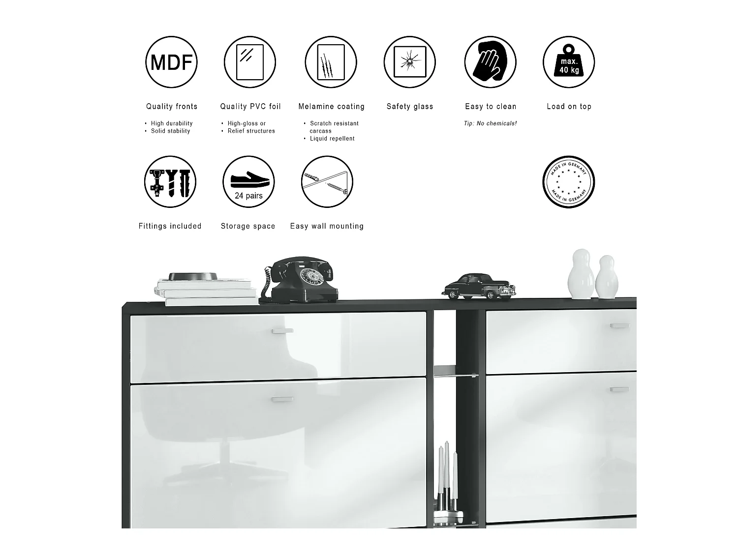 Meuble à chaussures à bascule Today 155,5 x 95 x 28 cm, corps en Noir mat, façades en gris sable haute brillance