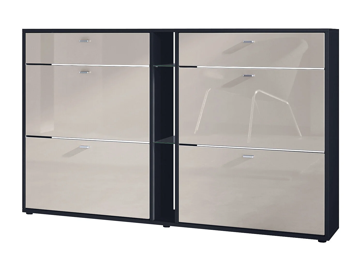 Scarpiera Today con 4 ante e 2 cassetti 155,5 x 95 x 28 cm, struttura in nero opaco, frontali in grigio sabbia lucido