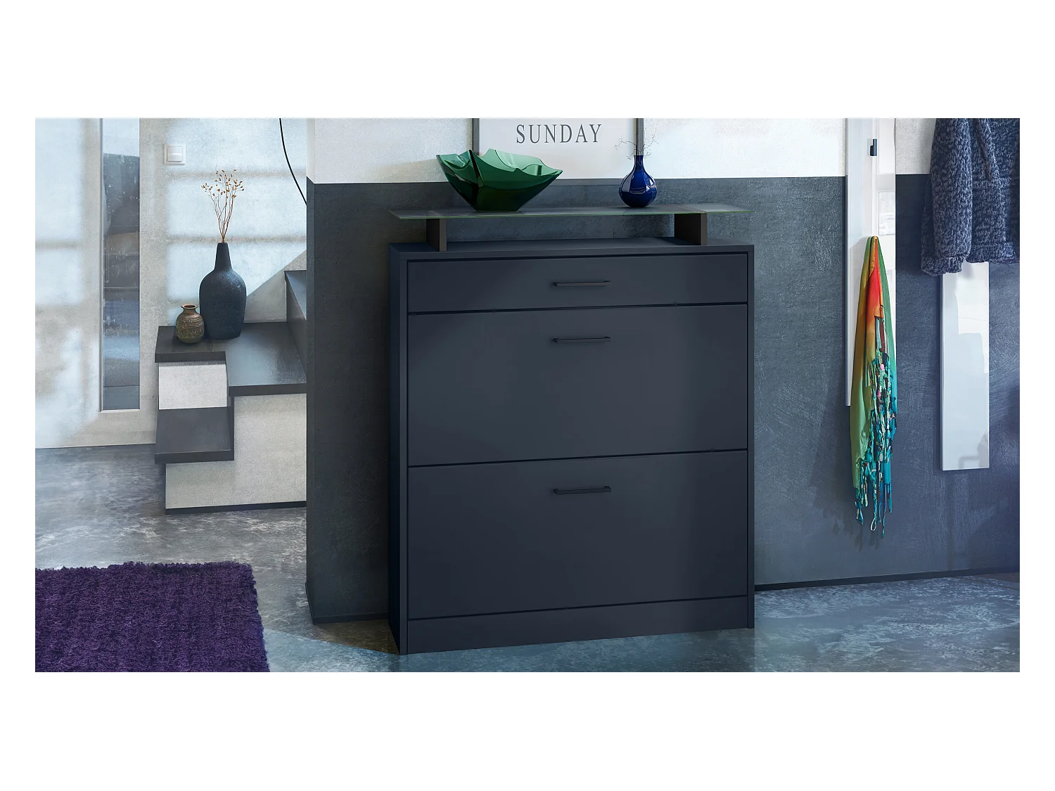 Meuble à chaussures Enigma, range-chaussures pour 16 paires avec 2 abattants, 1 tiroir et tablette en verre, Bleu royal (89 x 104 x 23 cm)