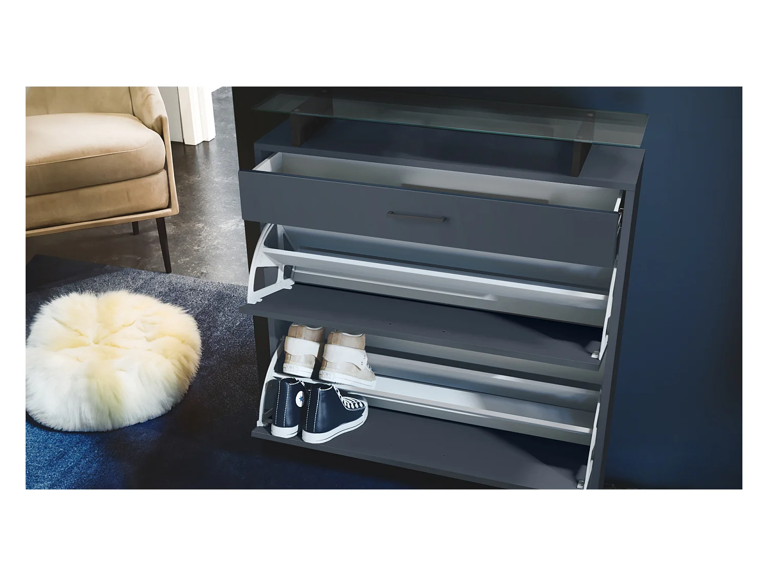 Meuble à chaussures Enigma, range-chaussures pour 16 paires avec 2 abattants, 1 tiroir et tablette en verre, Bleu royal (89 x 104 x 23 cm)