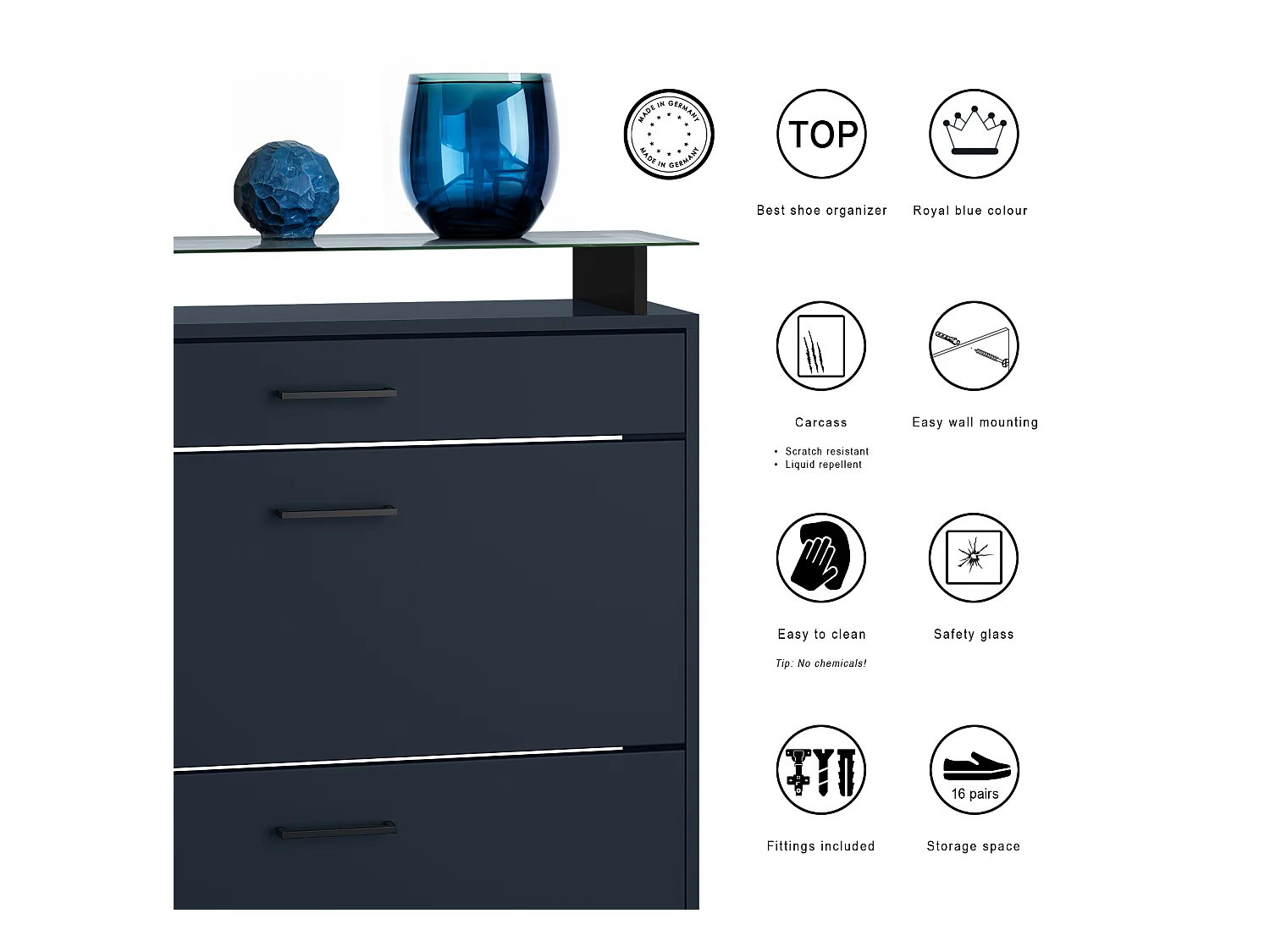 Meuble à chaussures Enigma, range-chaussures pour 16 paires avec 2 abattants, 1 tiroir et tablette en verre, Bleu royal (89 x 104 x 23 cm)