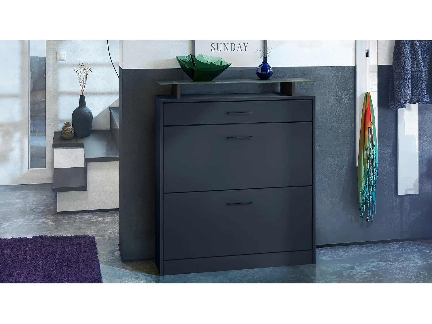 Scarpiera Enigma, portascarpe per 16 paia di scarpe con 2 ante a ribalta, 1 cassetto e ripiano in vetro, Blu reale (89 x 104 x 23 cm)