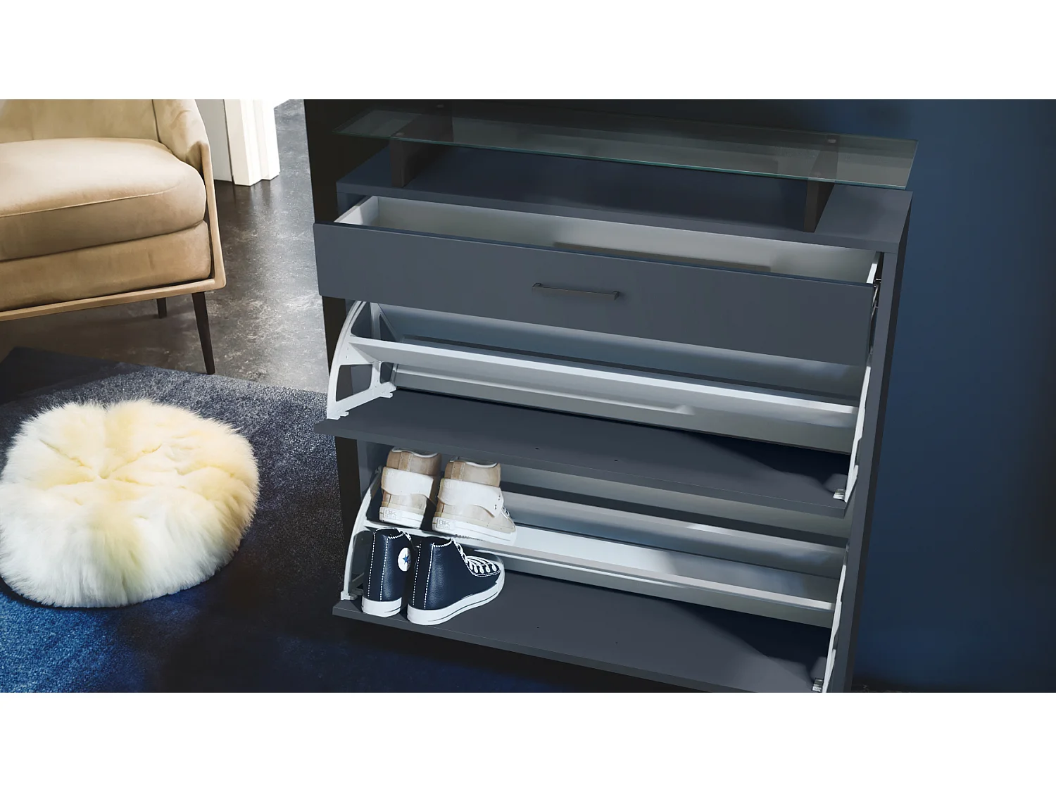 Scarpiera Enigma, portascarpe per 16 paia di scarpe con 2 ante a ribalta, 1 cassetto e ripiano in vetro, Blu reale (89 x 104 x 23 cm)