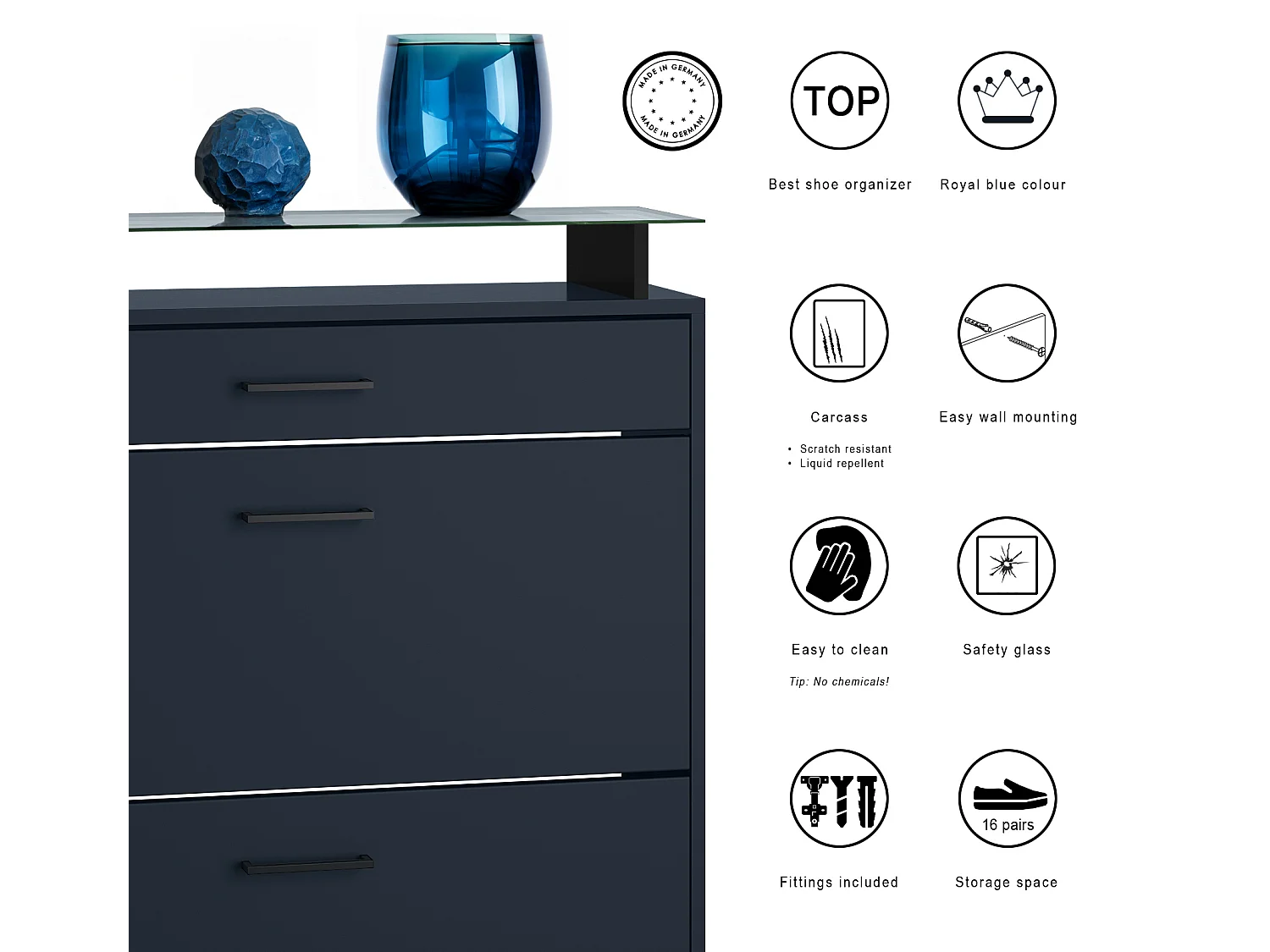 Scarpiera Enigma, portascarpe per 16 paia di scarpe con 2 ante a ribalta, 1 cassetto e ripiano in vetro, Blu reale (89 x 104 x 23 cm)