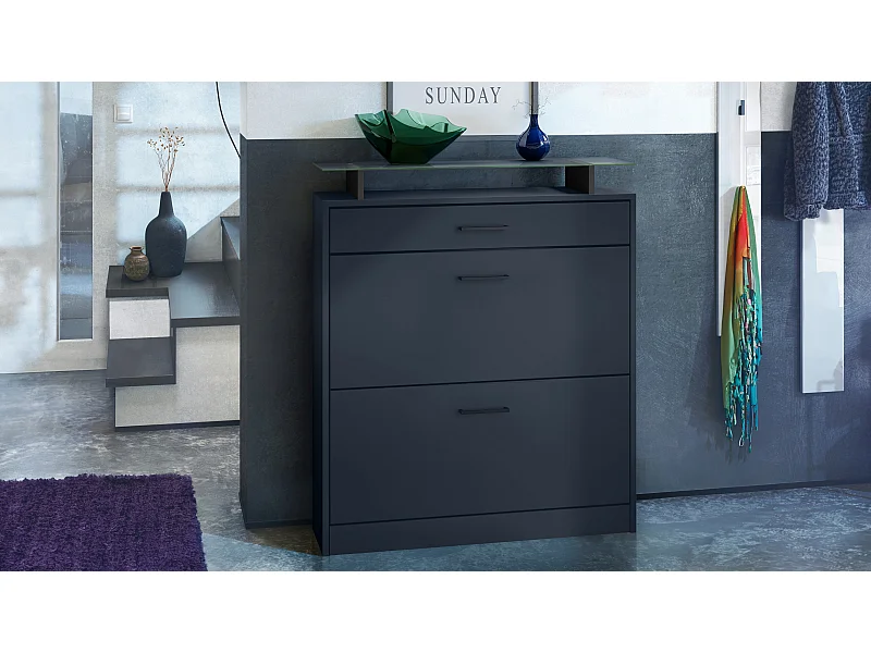 Scarpiera Enigma, portascarpe per 16 paia di scarpe con 2 ante a ribalta, 1 cassetto e ripiano in vetro, Blu reale (89 x 104 x 23 cm)