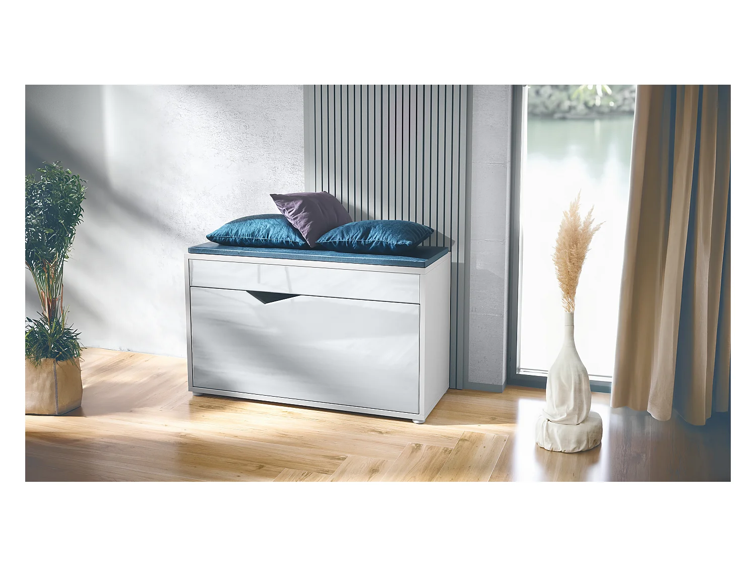 Banc à Chaussures Kolmio, Banc d'Assise pour 8 Paires de Chaussures, Étagère à Chaussures avec Siège, blanc mat/blanc haute brillance (85 x 50 x 33 cm)