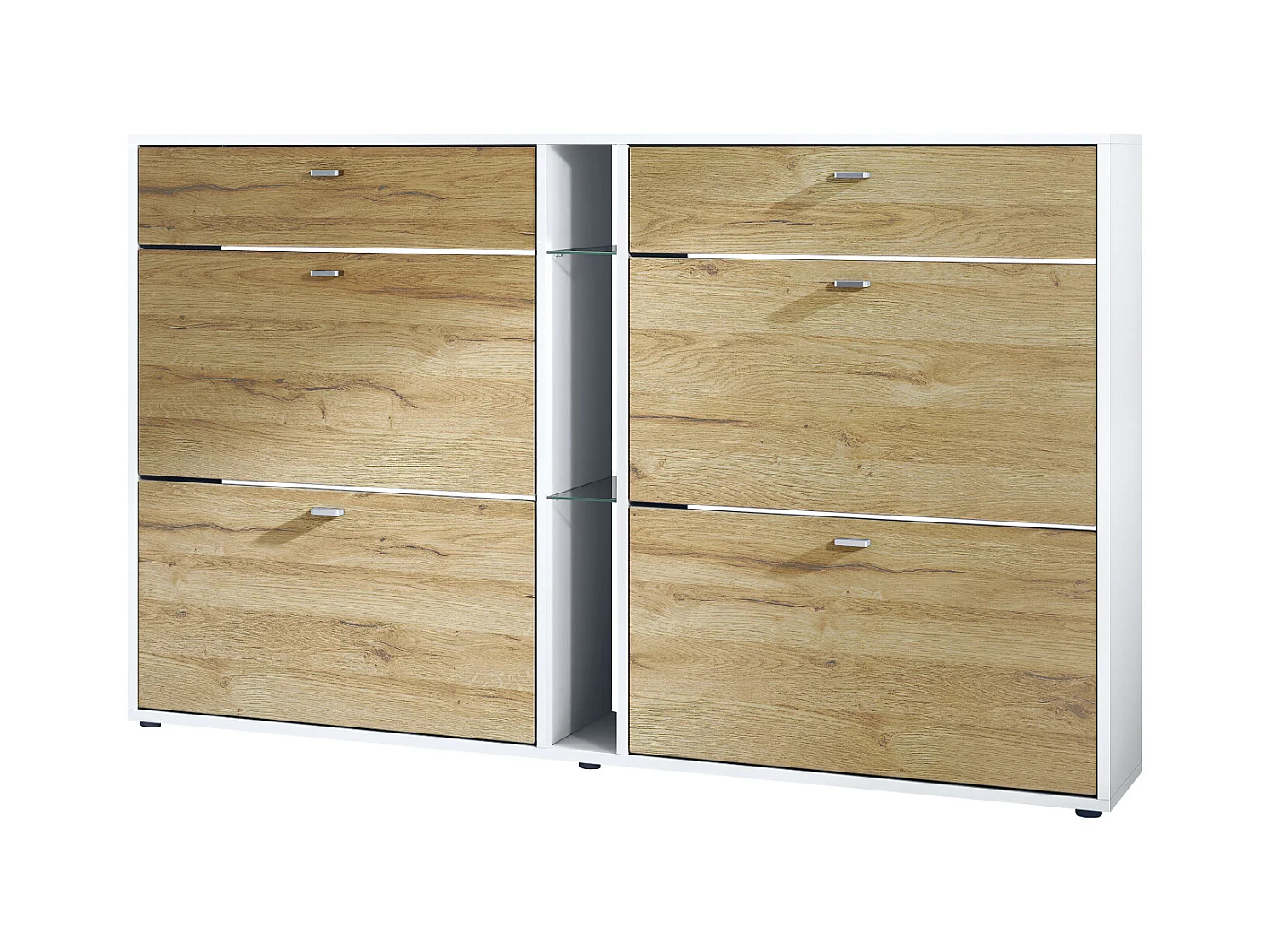 Meuble à chaussures à bascule Today 155,5 x 95 x 28 cm, corps en Blanc mat, façades en chêne nature