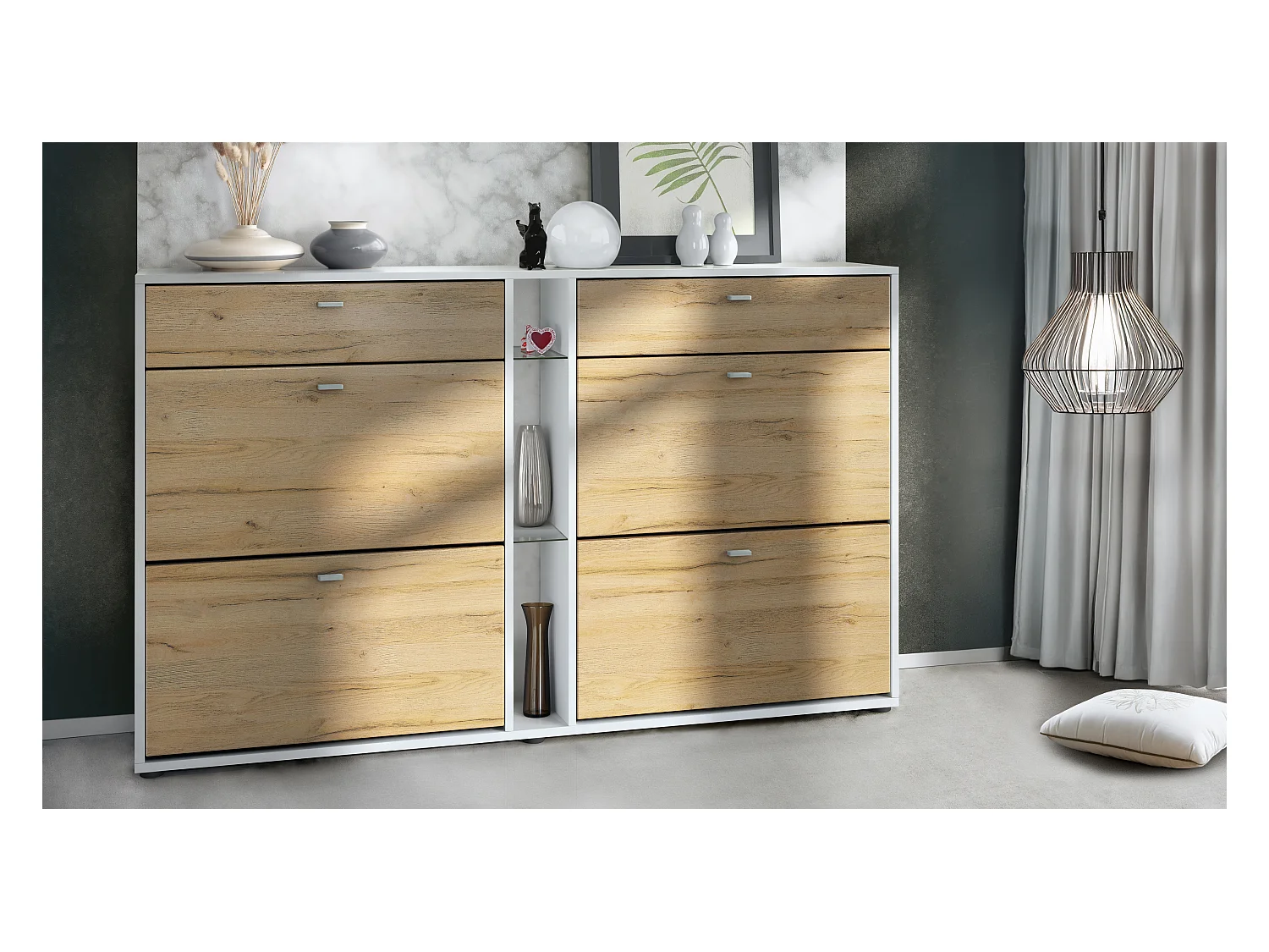 Meuble à chaussures à bascule Today 155,5 x 95 x 28 cm, corps en Blanc mat, façades en chêne nature