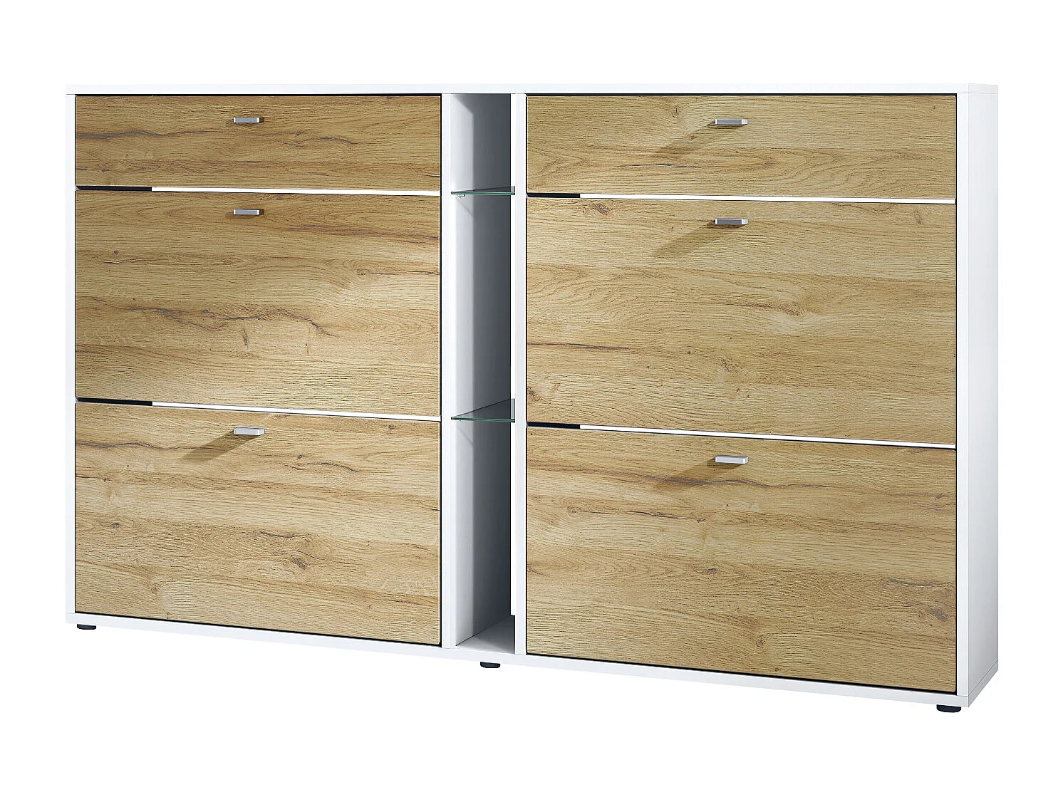 Scarpiera Today con 4 ante e 2 cassetti 155,5 x 95 x 28 cm, struttura in bianco opaco, frontali in rovere naturale