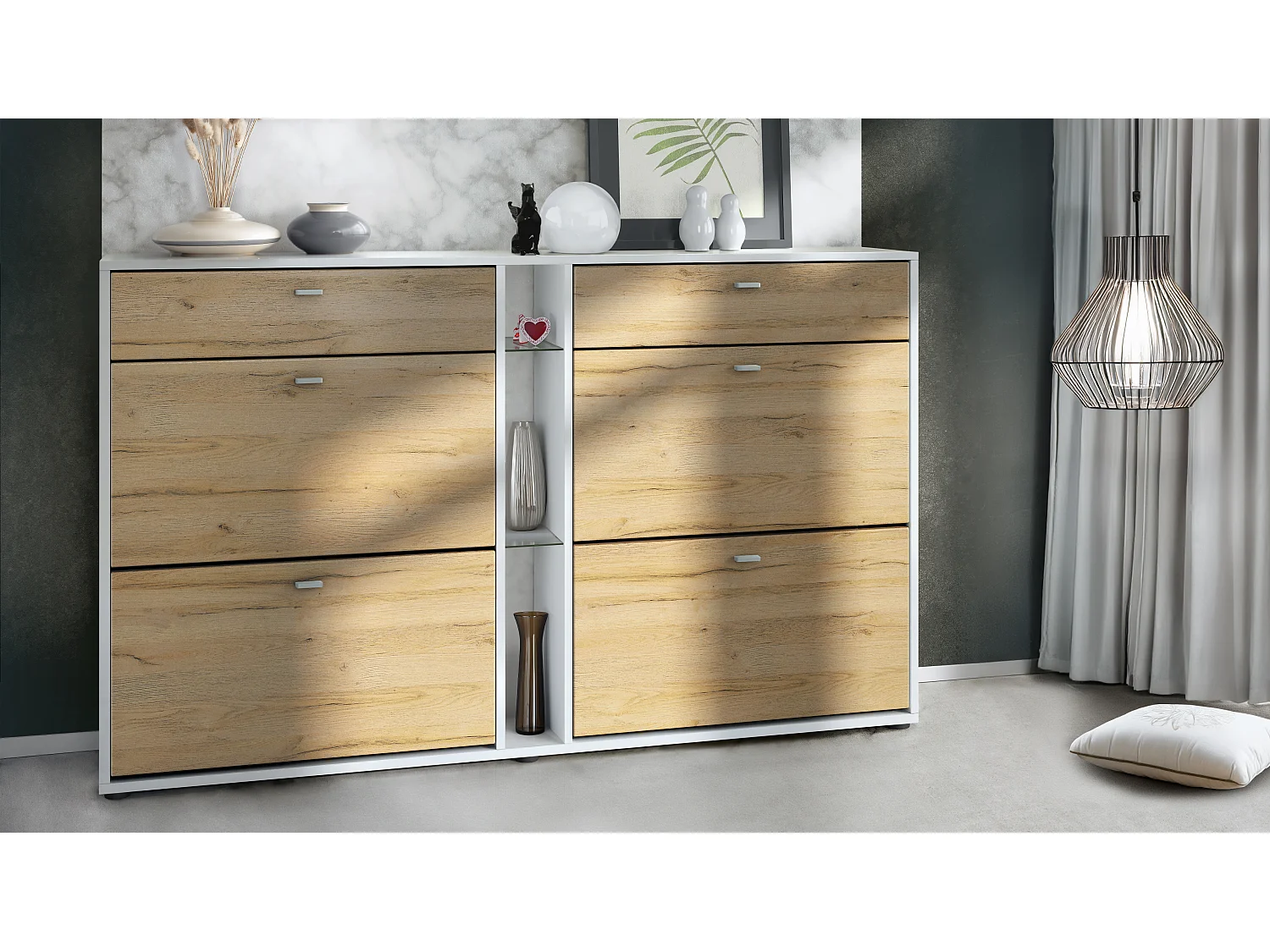 Scarpiera Today con 4 ante e 2 cassetti 155,5 x 95 x 28 cm, struttura in bianco opaco, frontali in rovere naturale