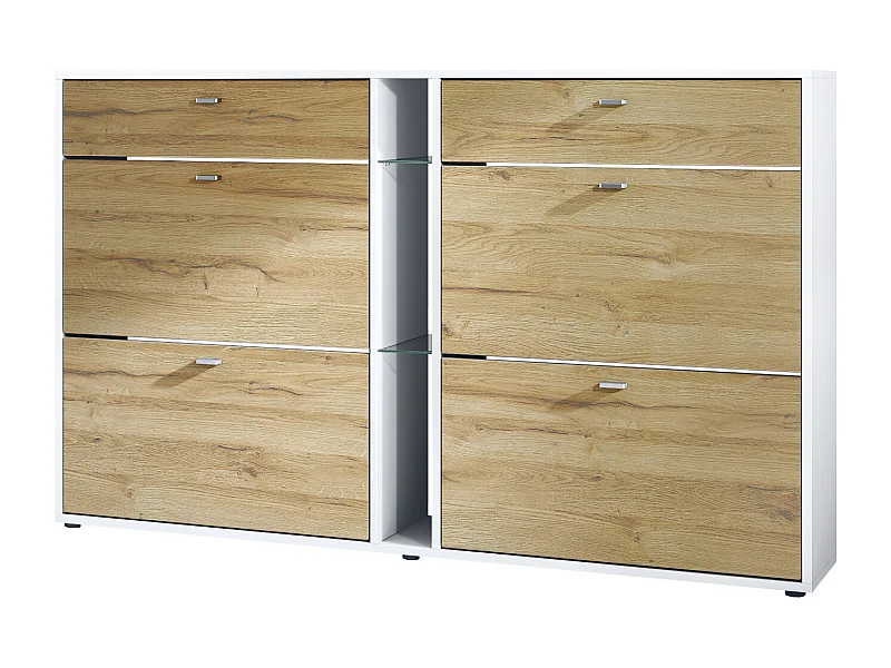 Meuble à chaussures à bascule Today 155,5 x 95 x 28 cm, corps en Blanc mat, façades en chêne nature