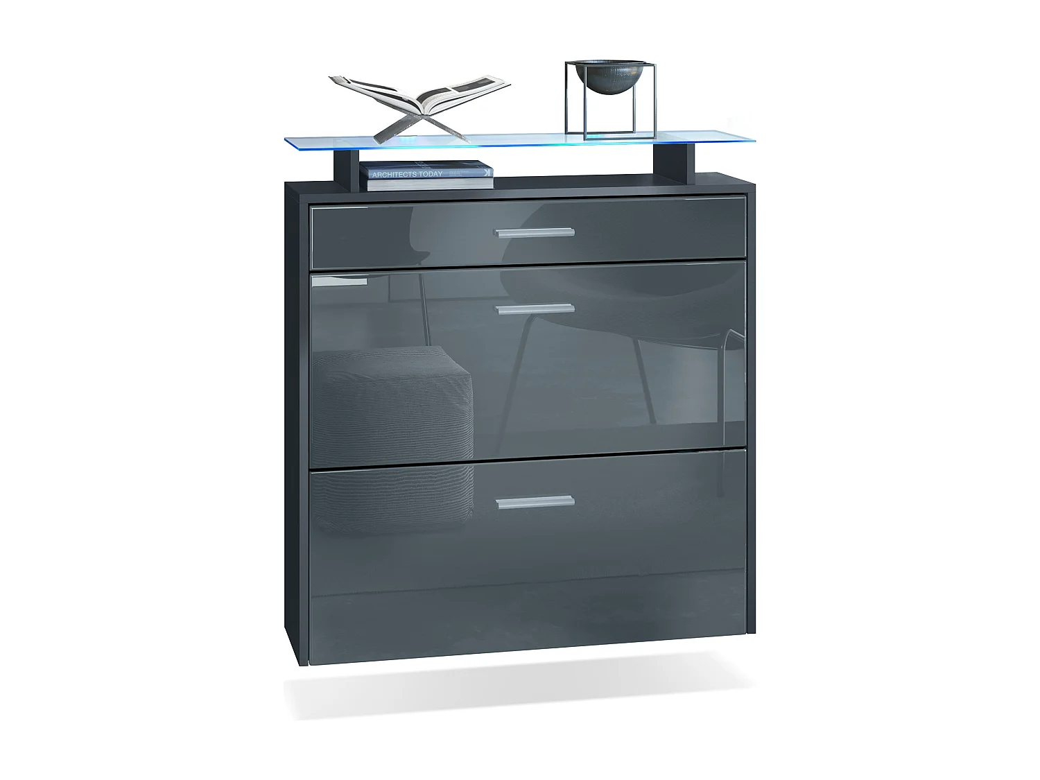 Armoire à chaussures Malea de , anthracite mat/gris brillant y compris LED - basculeur à chaussures suspendu pour 16 paires de chaussures (89 x 96 x 23 cm)