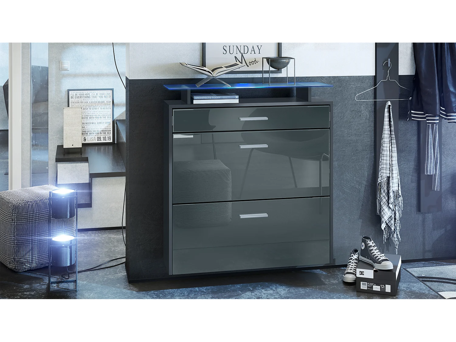 Scarpiera Vladon Malea, antracite opaco /grigio lucido incl. LED - carrello appeso per 16 paia di scarpe (89 x 96 x 23 cm)