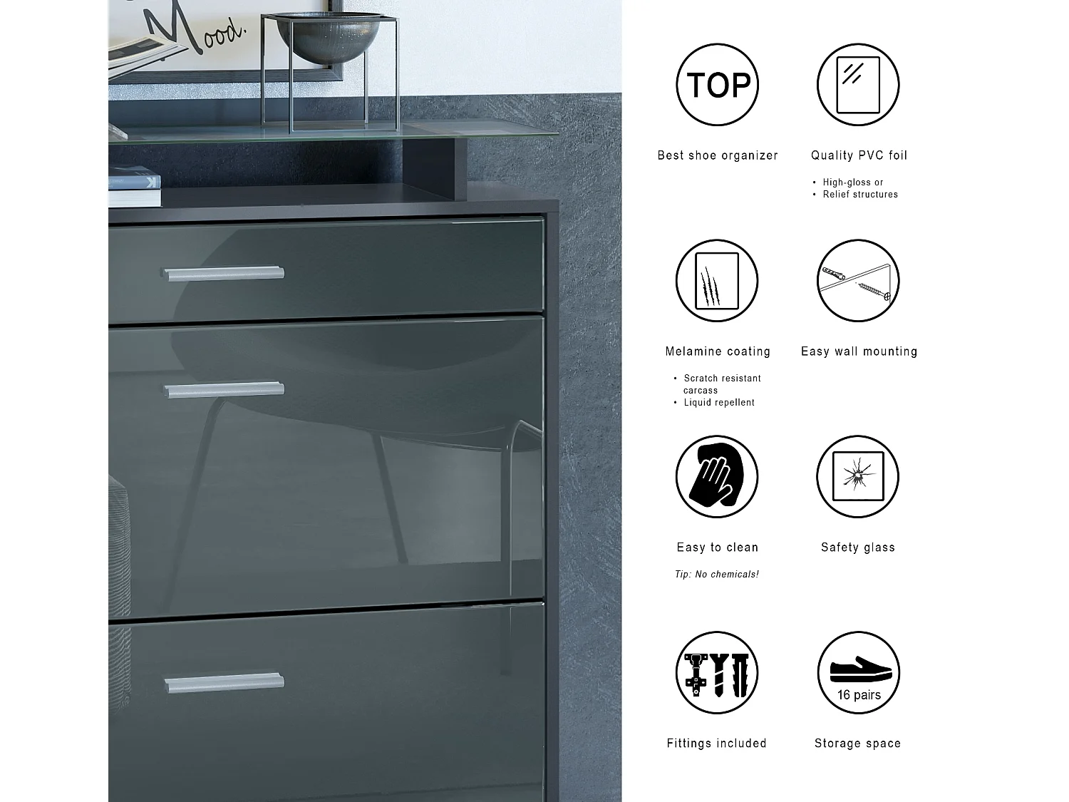 Scarpiera Vladon Malea, antracite opaco /grigio lucido incl. LED - carrello appeso per 16 paia di scarpe (89 x 96 x 23 cm)