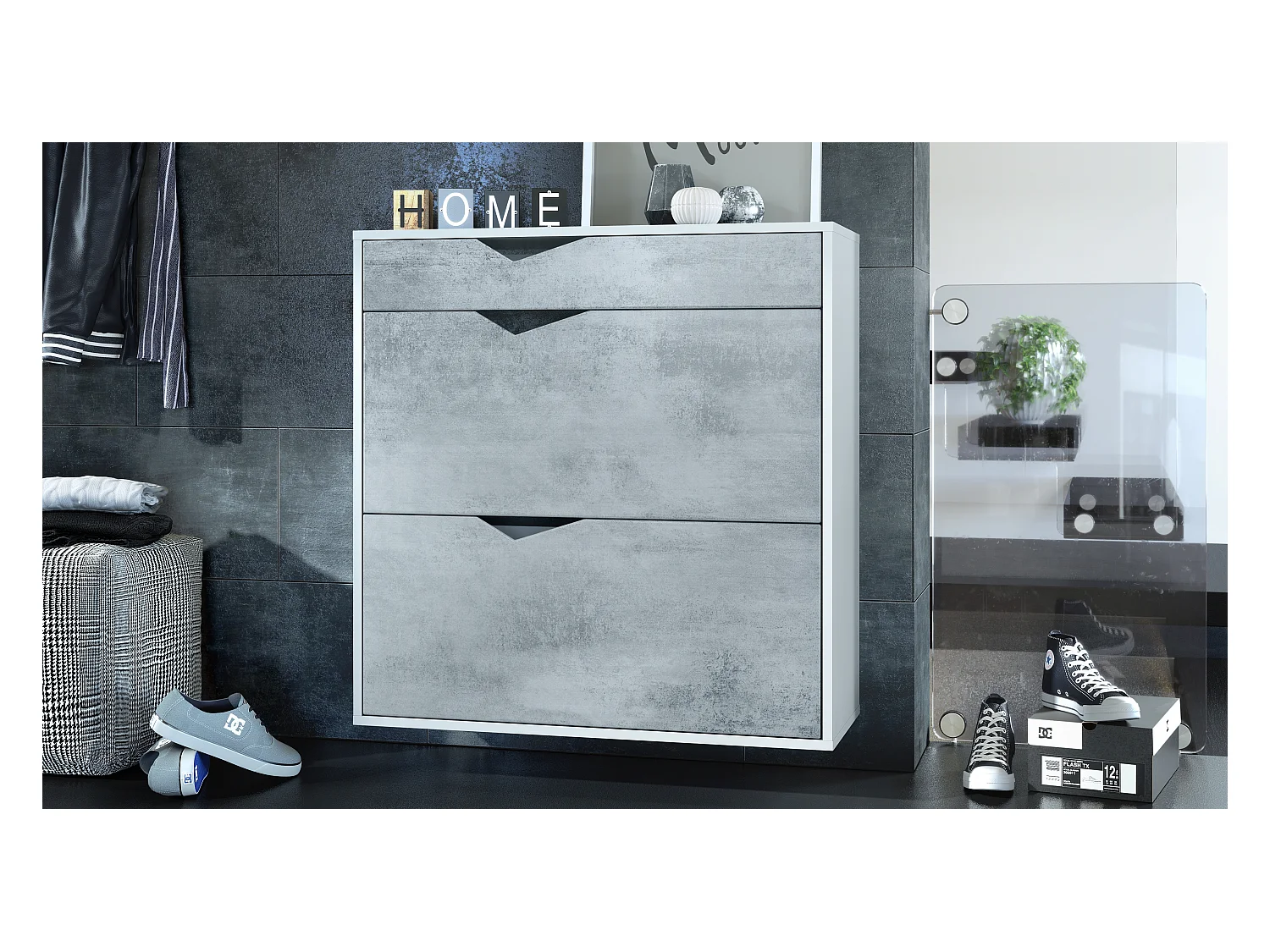 Armoire à chaussures Kolmio 85 x 87 x 33 cm, corps en blanc mat, façades en Aspect Béton Oxyde | Grand choix de couleurs