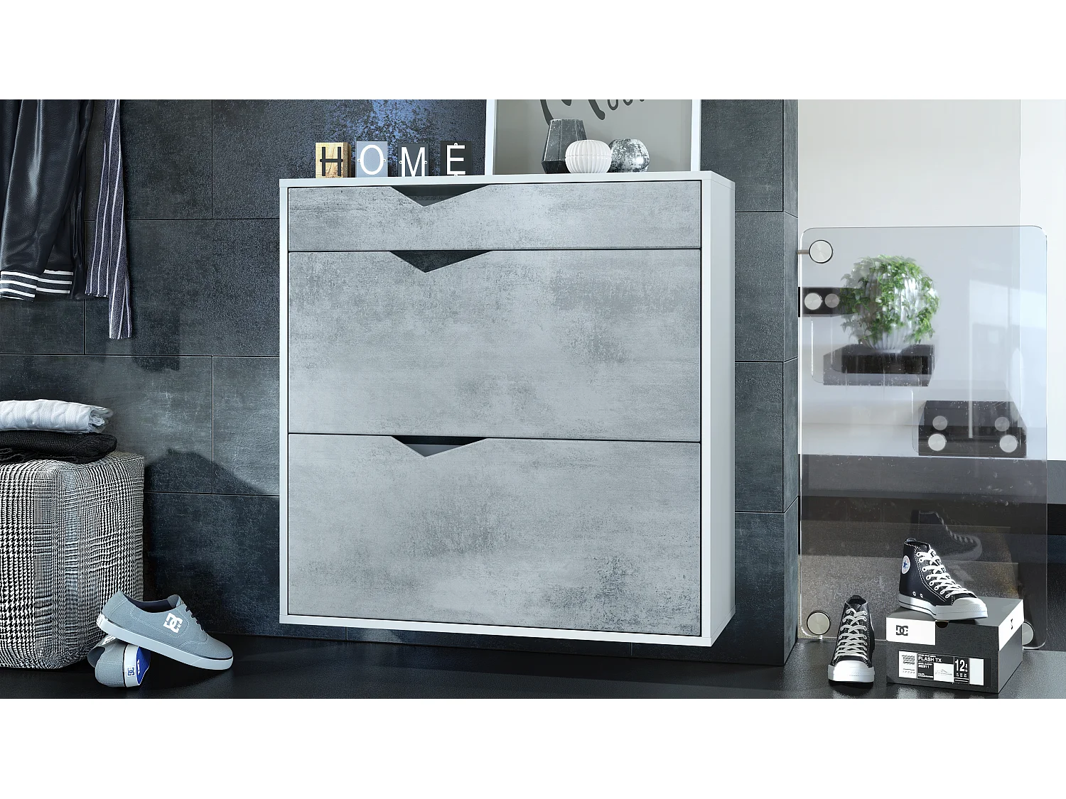 Scarpiera Kolmio 85 x 87 x 33 cm, struttura in bianco opaco, frontali in grigio ossido di cemento | Vasta scelta di colori