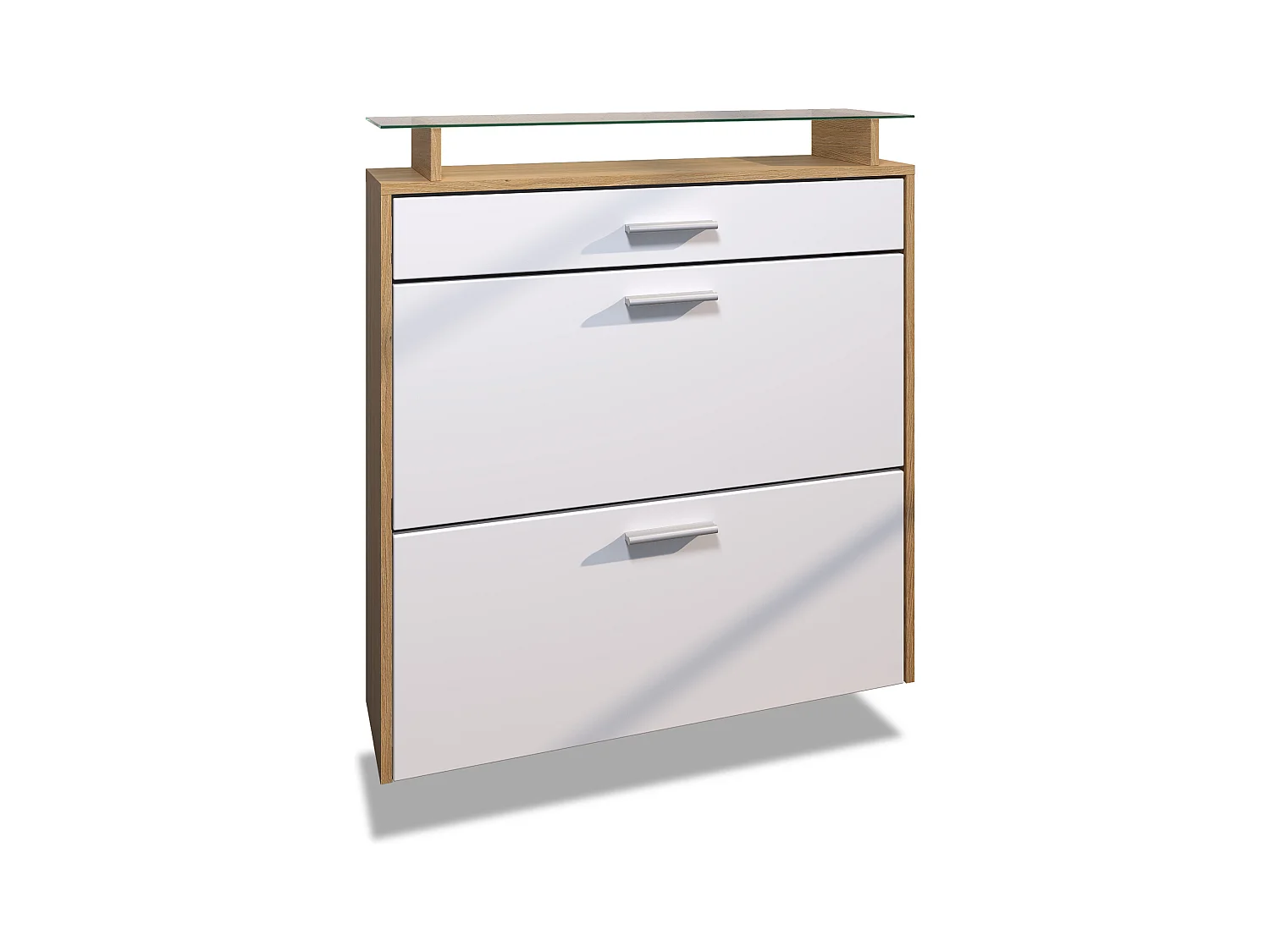 Meuble à Chaussures Malea – espace de rangement suspendu pour 16 paires avec 1 tiroir, Étagère à Chaussures en Chêne Scandi / blanc mat (89 x 95,5 x 23 cm)