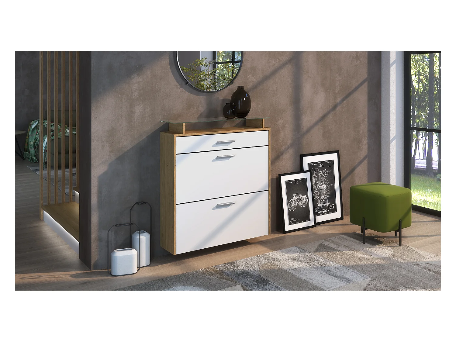 Meuble à Chaussures Malea – espace de rangement suspendu pour 16 paires avec 1 tiroir, Étagère à Chaussures en Chêne Scandi / blanc mat (89 x 95,5 x 23 cm)