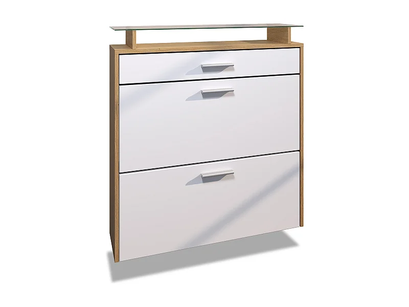 Meuble à Chaussures Malea – espace de rangement suspendu pour 16 paires avec 1 tiroir, Étagère à Chaussures en Chêne Scandi / blanc mat (89 x 95,5 x 23 cm)