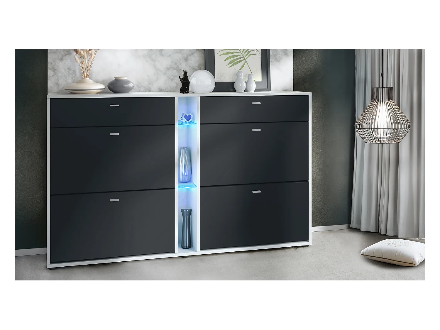 Meuble à chaussures à bascule Today 155,5 x 95 x 28 cm, avec un éclairage LED bleu, corps en Blanc mat, façades en noir mat