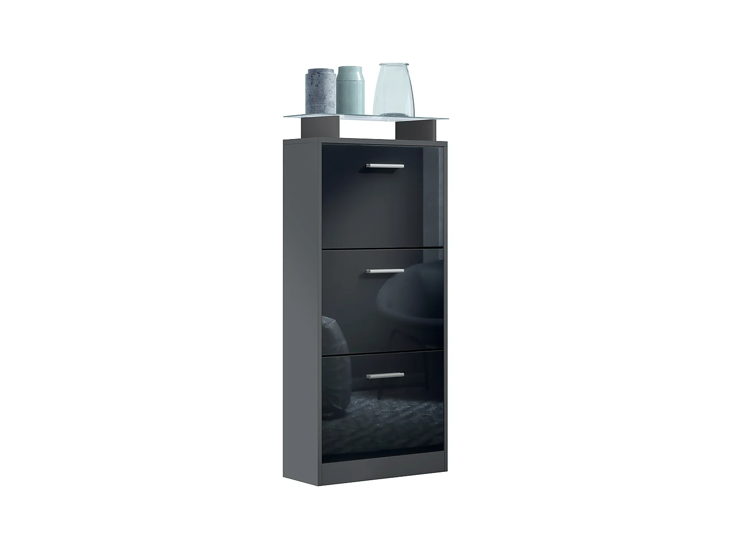 Meuble à Chaussures Lavia V2, Range-Chaussures pour 12 Paires avec 3 Abattants et Étagère en Verre, anthracite mat/noir haute brillance (46 x 128 x 23 cm)