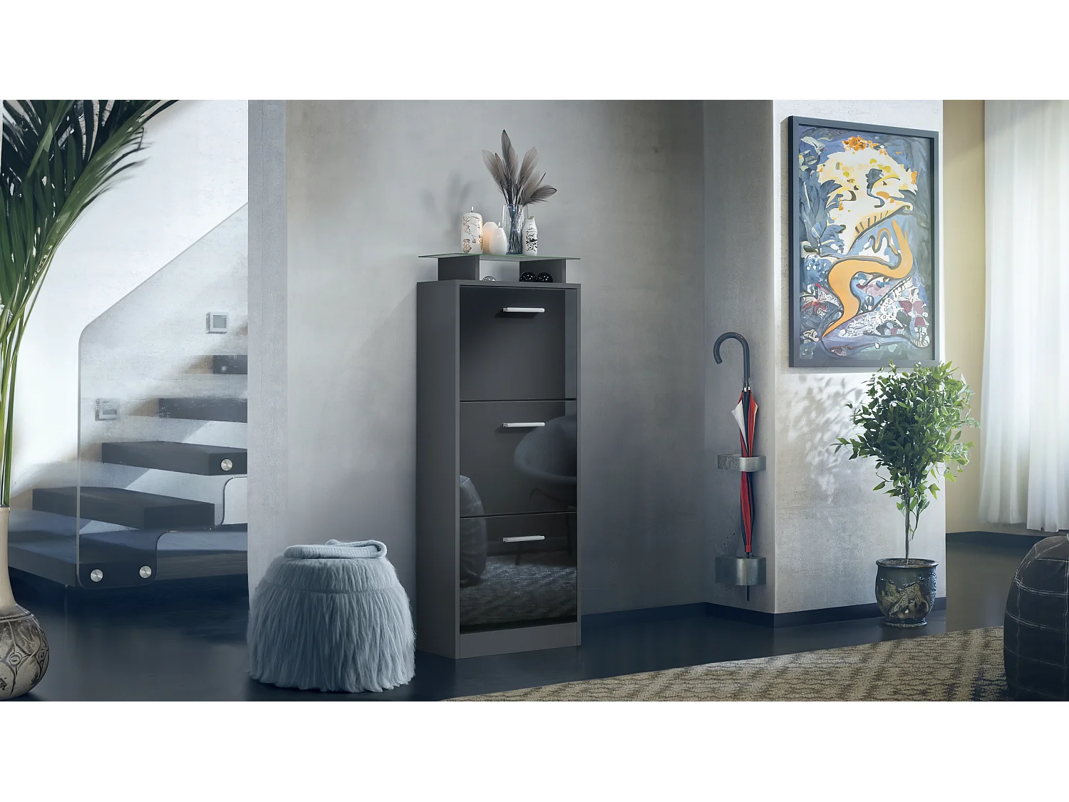 Vladon Scarpiera Lavia V2, Scarpiera per 12 Paia di Scarpe con 3 Ribalte e Mensola in Vetro, antracite opaco /nero lucido (46 x 128 x 23 cm)