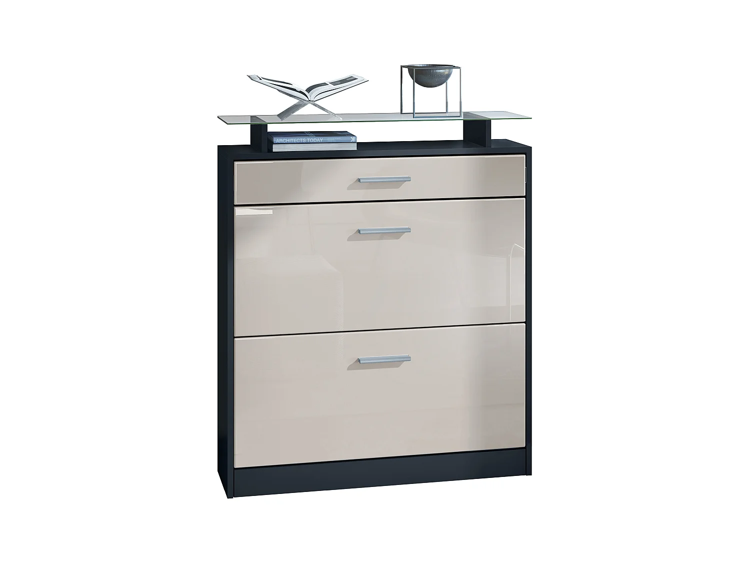 Meuble chaussure Loret, Étagère à chaussures pour 16 paires de chaussures avec 2 clapets à bascule, 1 tiroir, Noir mat/Gris sable brillant (89 x 104 x 23 cm)