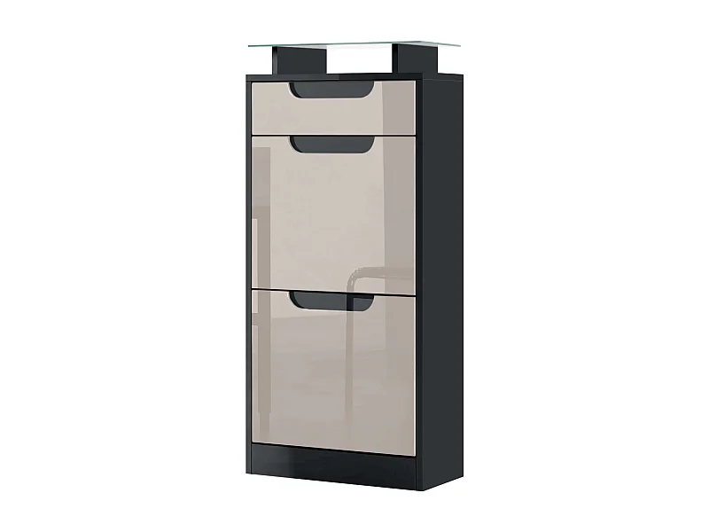 Meuble à chaussures Fiesta V2, Corps en Noir mat / Façades en Gris sable haute brillance avec un decor en Noir haute brillance