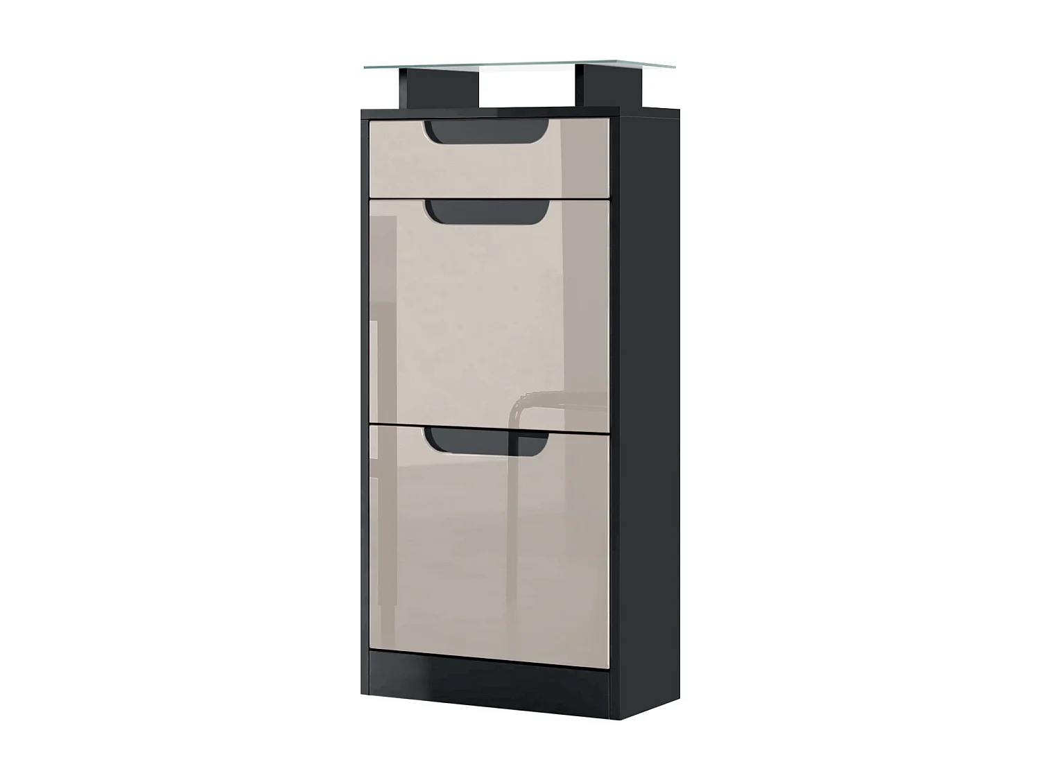 Scarpiera Fiesta V2, Struttura in nero opaco / Frontale in grigio sabbia lucido con angoli in nero lucido