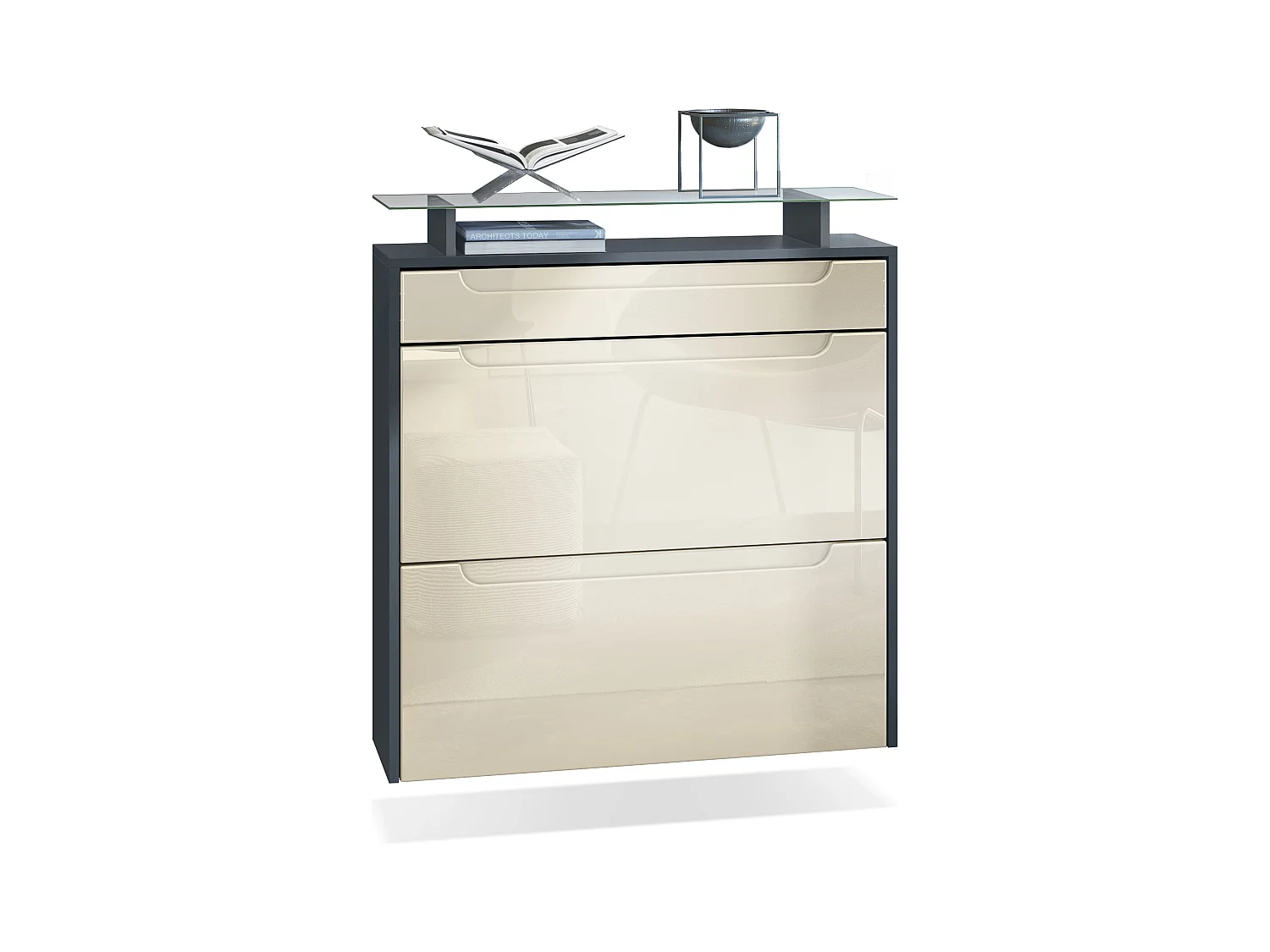 Meuble chaussures Annie pour 16 paires de chaussures avec clapets et tablette en verre, Anthracite mat/Crème brillant, poignées Crème brillant (89x96x23 cm)