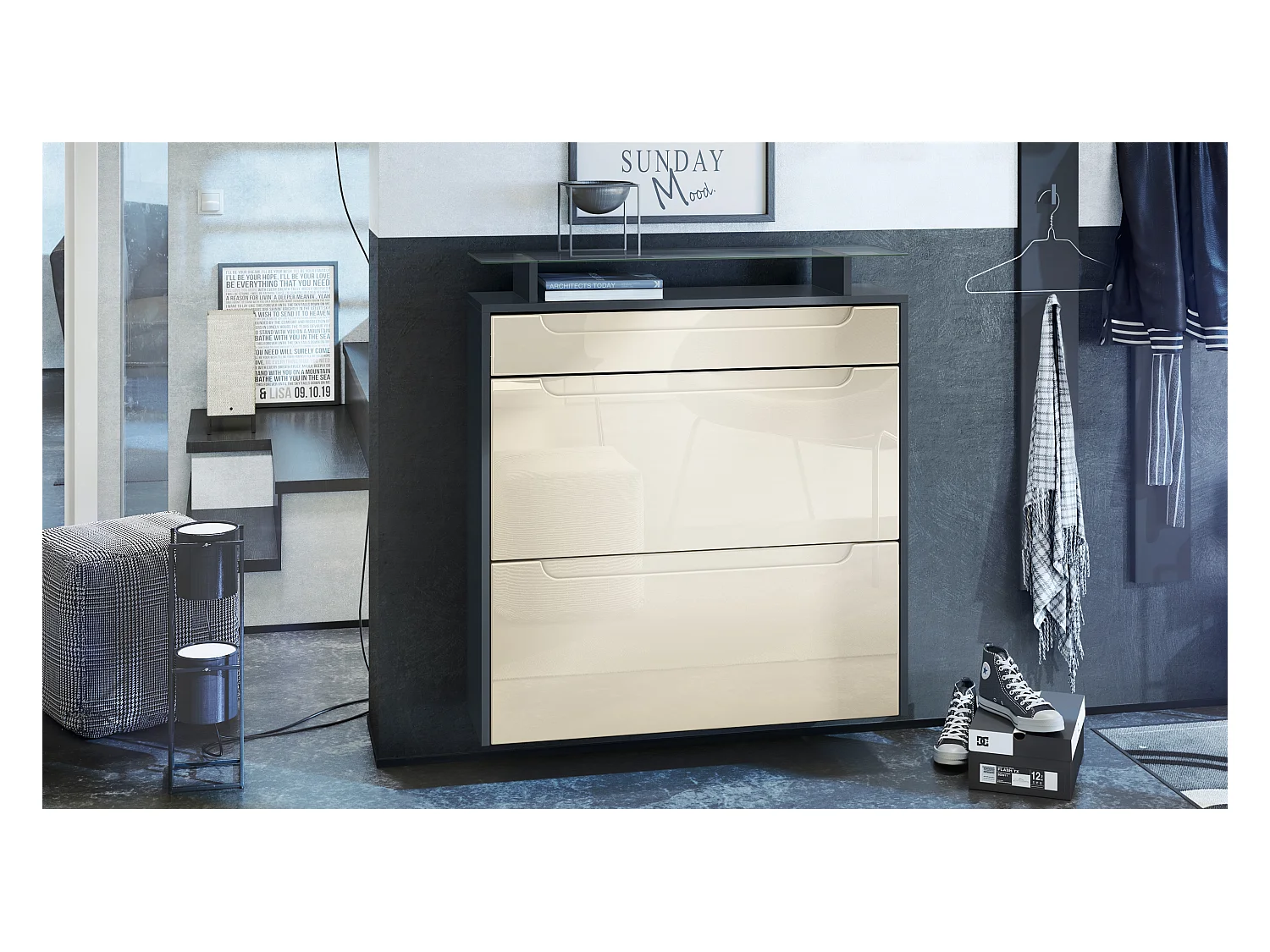 Meuble chaussures Annie pour 16 paires de chaussures avec clapets et tablette en verre, Anthracite mat/Crème brillant, poignées Crème brillant (89x96x23 cm)