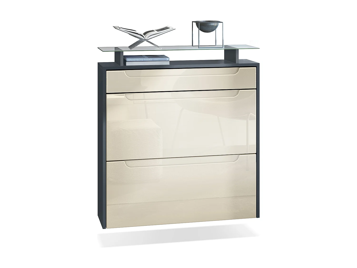 Scarpiera  Annie per 16 paia di scarpe con 2 ante a ribalta e ripiano in vetro, antracite/lucido beige, maniglie incassate in lucido beige (89 x 96 x 23 cm)