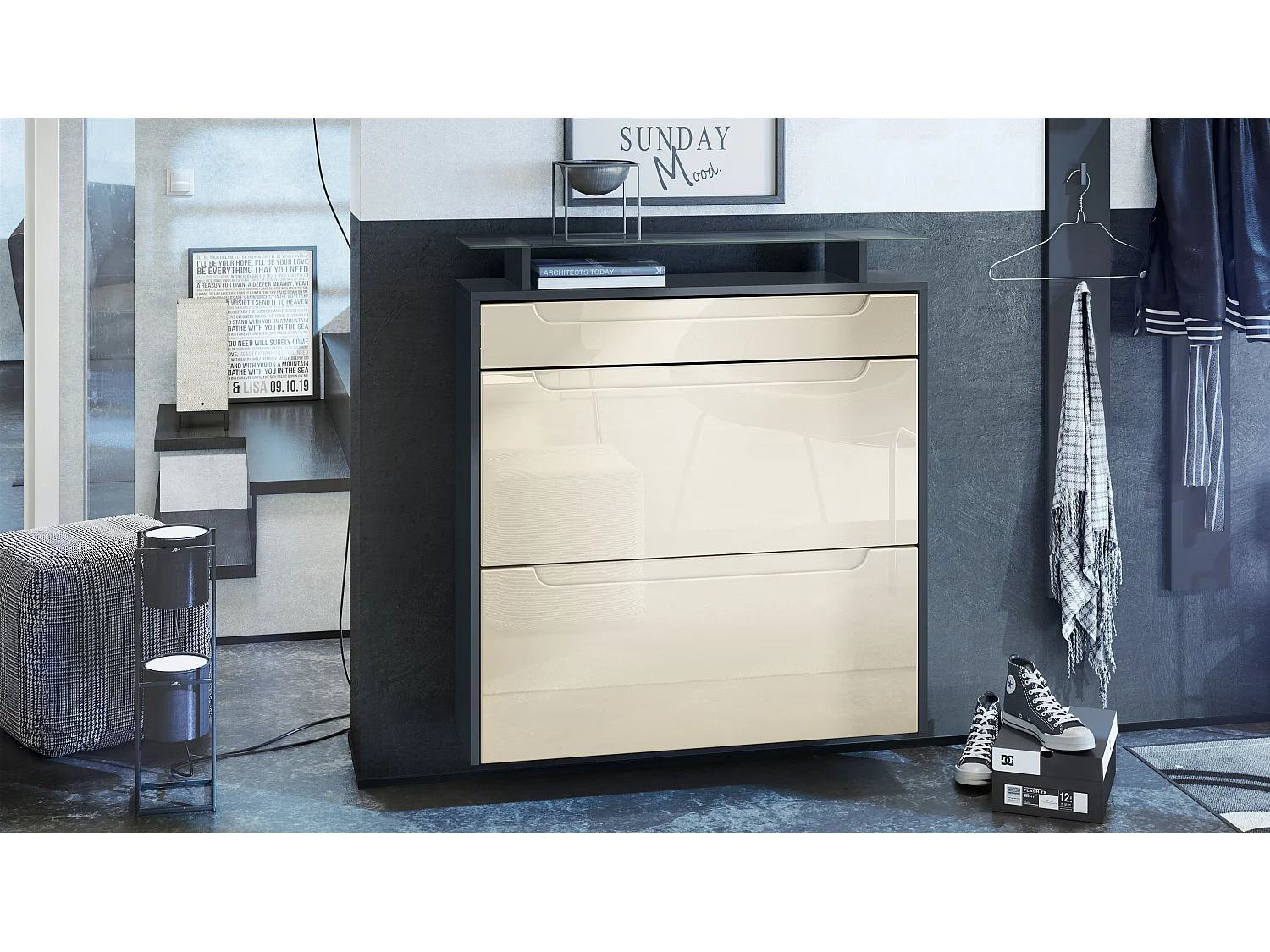 Scarpiera  Annie per 16 paia di scarpe con 2 ante a ribalta e ripiano in vetro, antracite/lucido beige, maniglie incassate in lucido beige (89 x 96 x 23 cm)