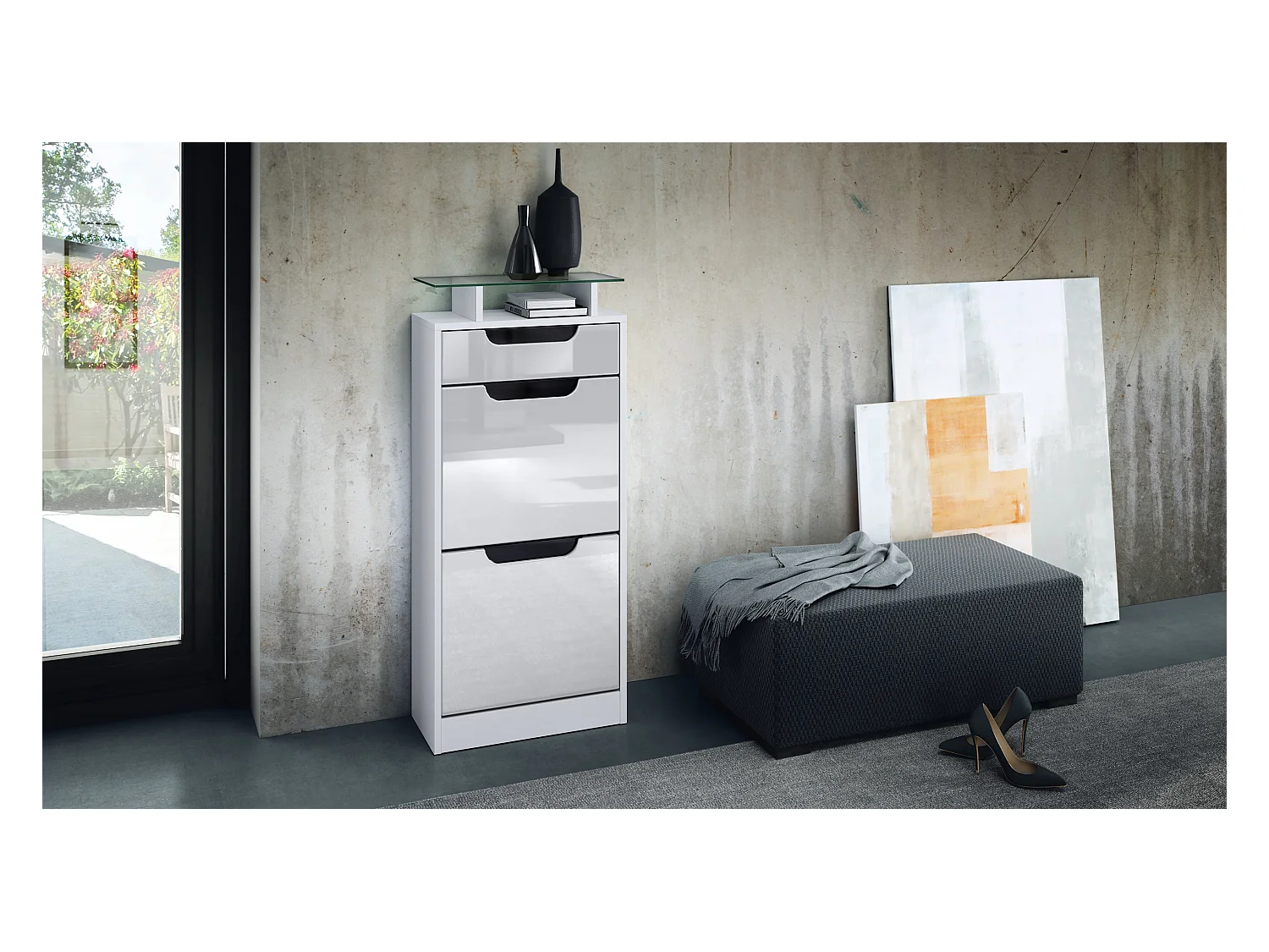 Meuble à chaussures Fiesta V2, Corps en Blanc mat / Façades en Blanc haute brillance avec un decor en Noir haute brillance