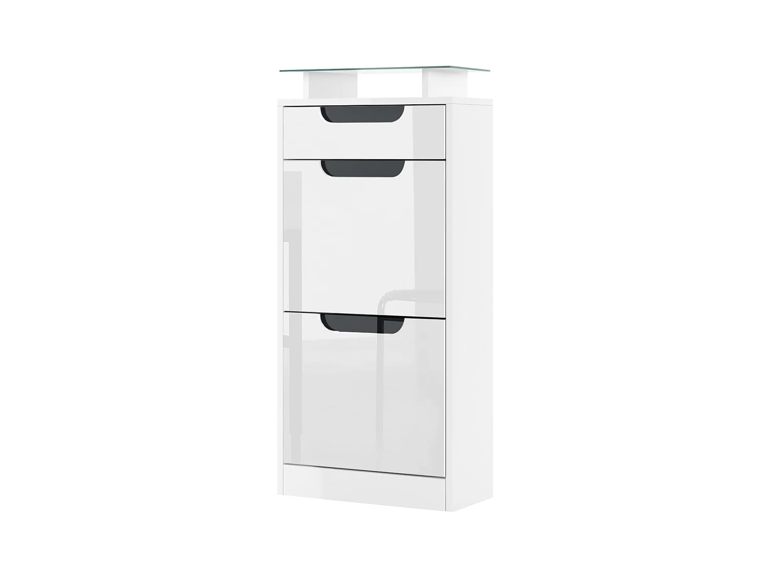 Meuble à chaussures Fiesta V2, Corps en Blanc mat / Façades en Blanc haute brillance avec un decor en Noir haute brillance