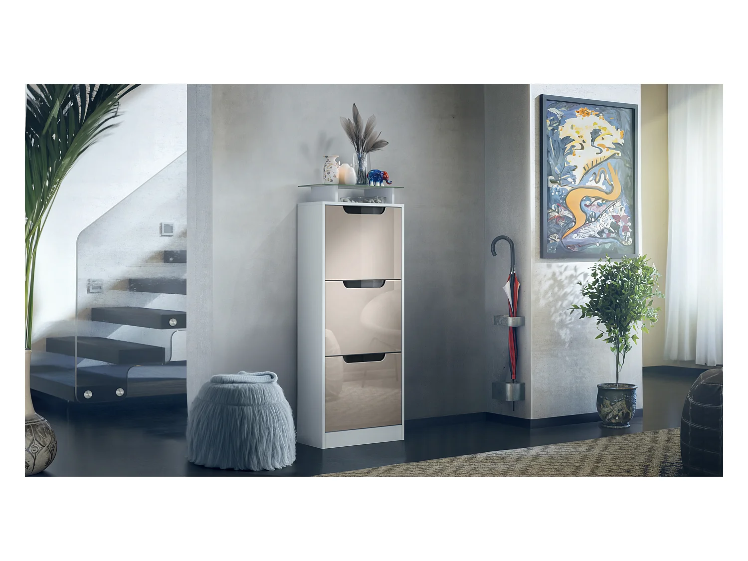 Meuble à chaussures Space V2, Range-chaussures pour 12 paires de chaussures avec 3 abattants et étagère en verre, blanc mat/gris sable brillant (46x128x23 cm)