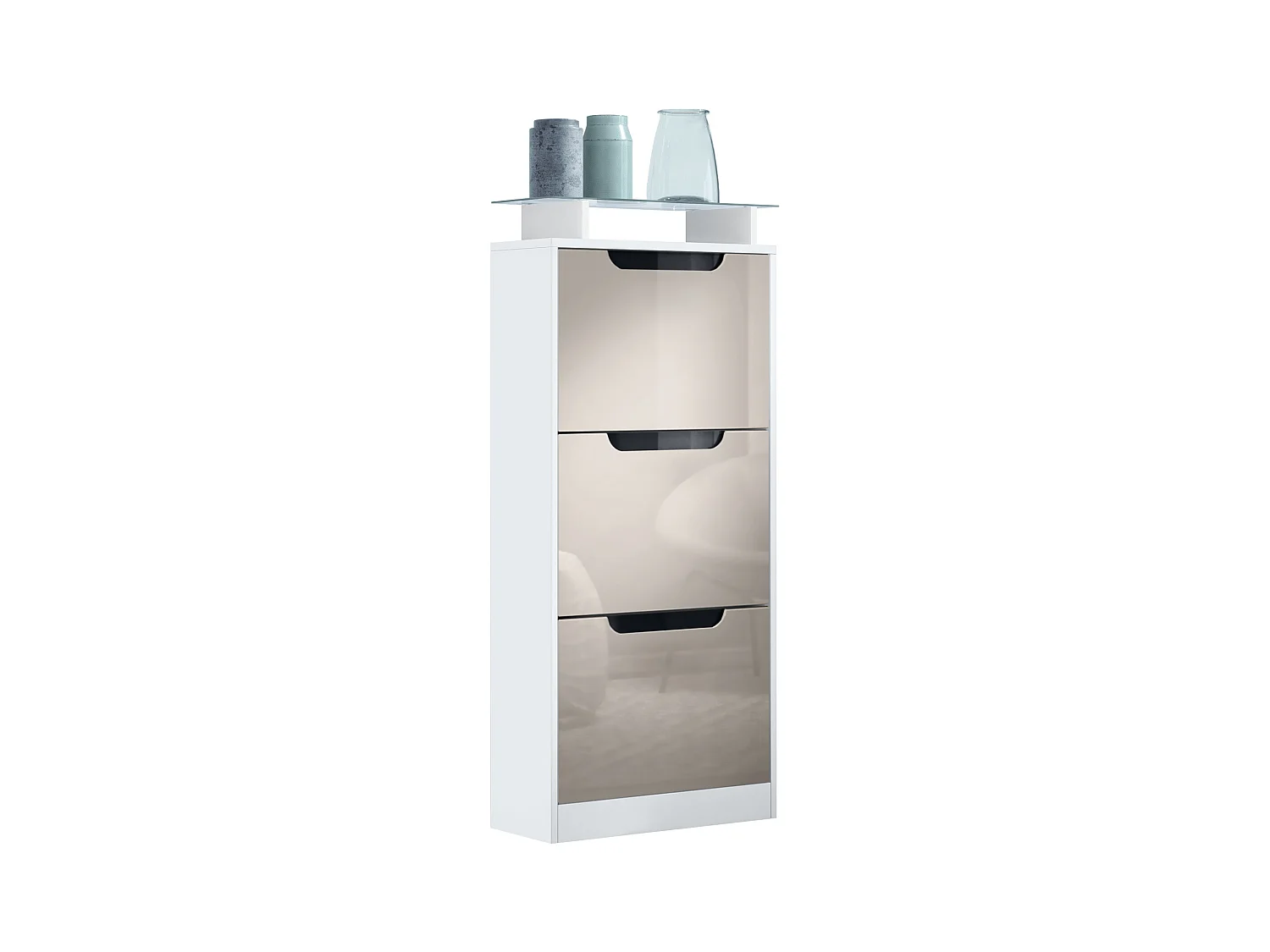 Meuble à chaussures Space V2, Range-chaussures pour 12 paires de chaussures avec 3 abattants et étagère en verre, blanc mat/gris sable brillant (46x128x23 cm)
