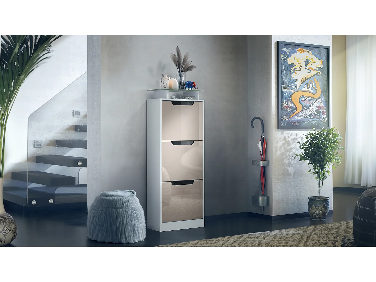 Vladon Scarpiera Space V2, Scarpiera per 12 paia di scarpe con 3 ribalte e ripiano in vetro, bianco opaco/grigio sabbia lucido (46 x 128 x 23 cm)